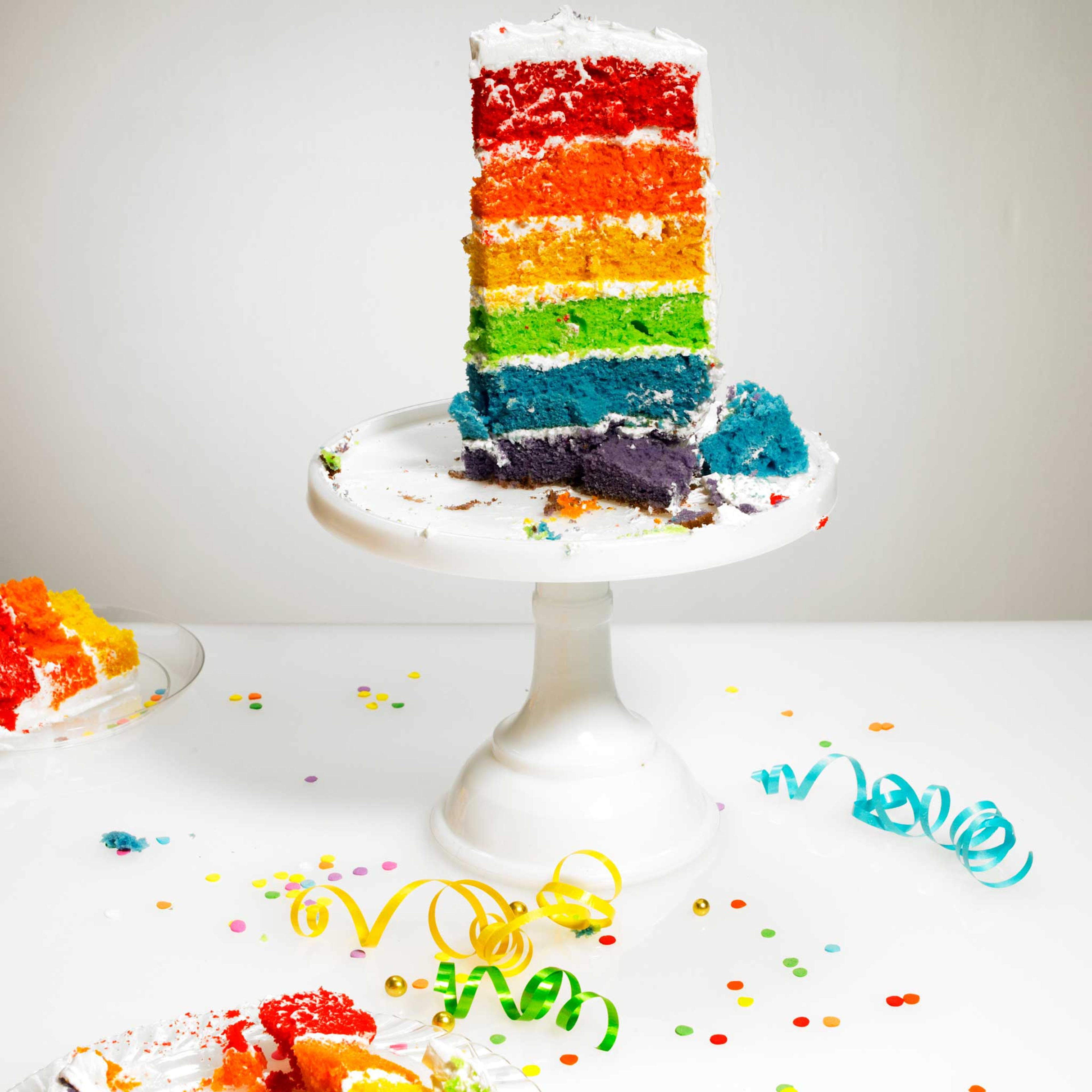 Rainbow Cake on White Pedestal