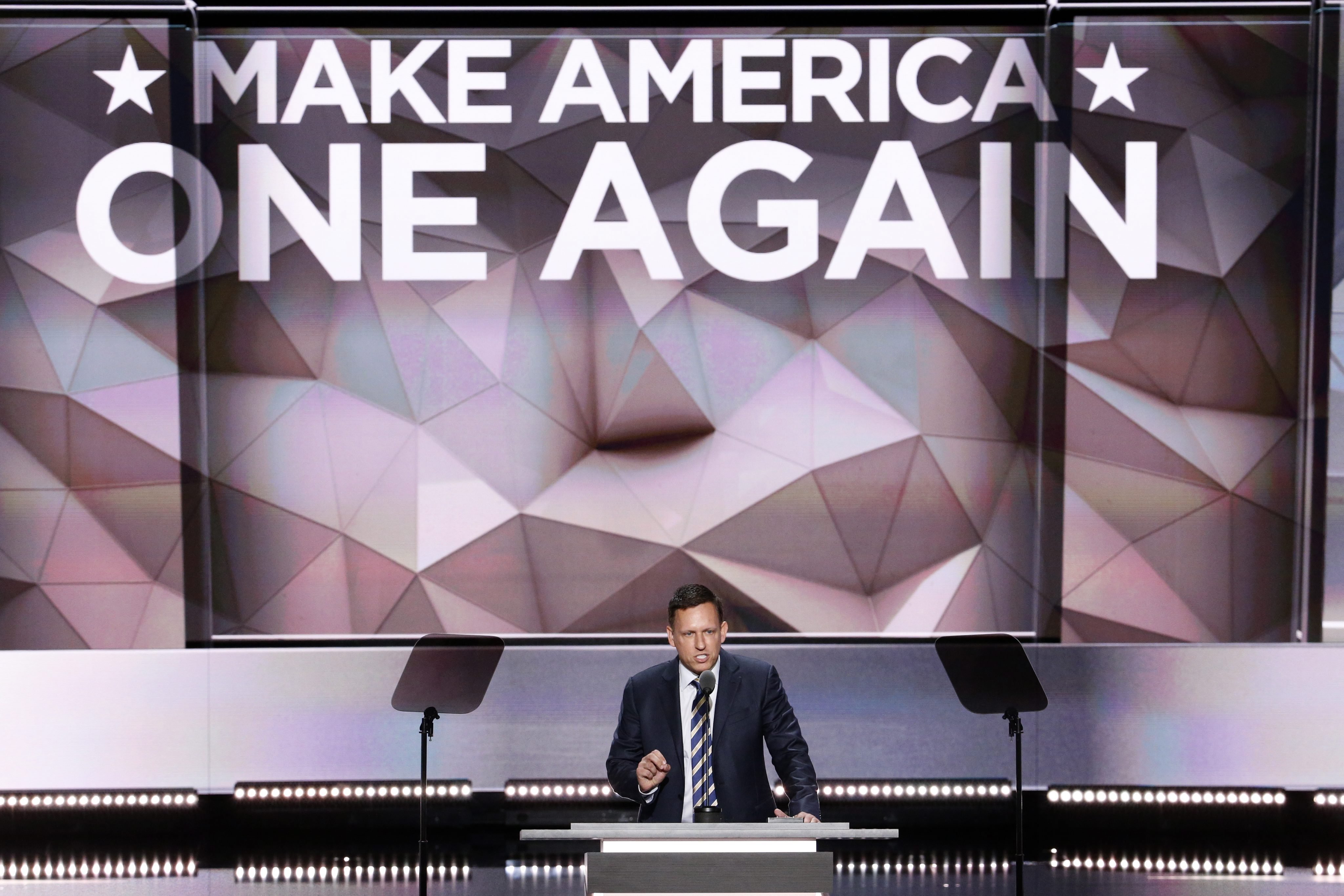 Peter Thiel delivers remarks in the Quicken Loans Arena on the final day of the 2016 Republican National Convention in Cleveland on Thursday, July 21, 2016.