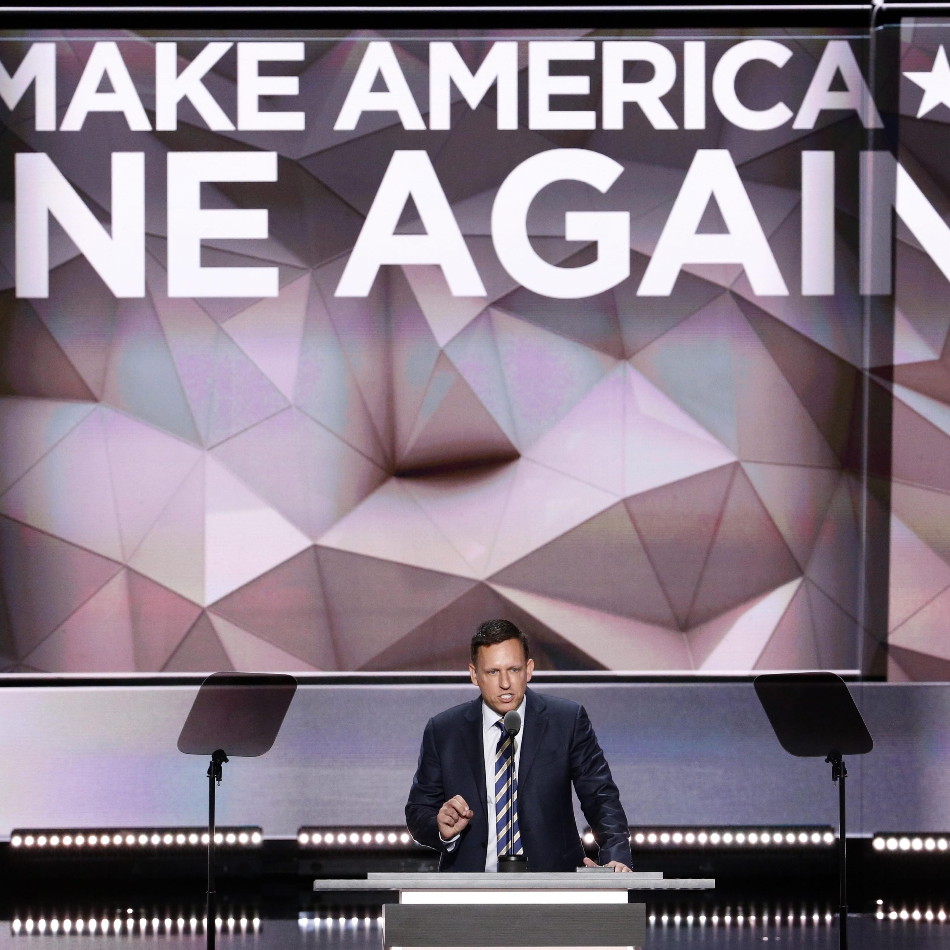 Peter Thiel delivers remarks in the Quicken Loans Arena on the final day of the 2016 Republican National Convention in Cleveland on Thursday, July 21, 2016.