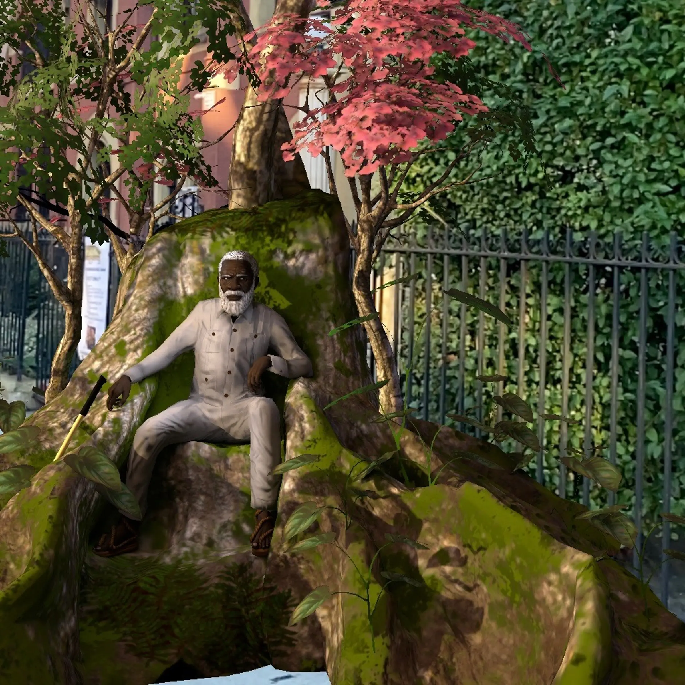 A monument of Gaspar Yanga, created in augmented reality through the app Kinfolk, sits in Brooklyn.