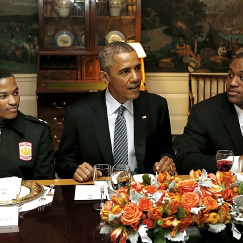 US President Barack Obama has lunch with My Brother's Keeper mentees at the White House in Washington, DC on February 27, 2015.