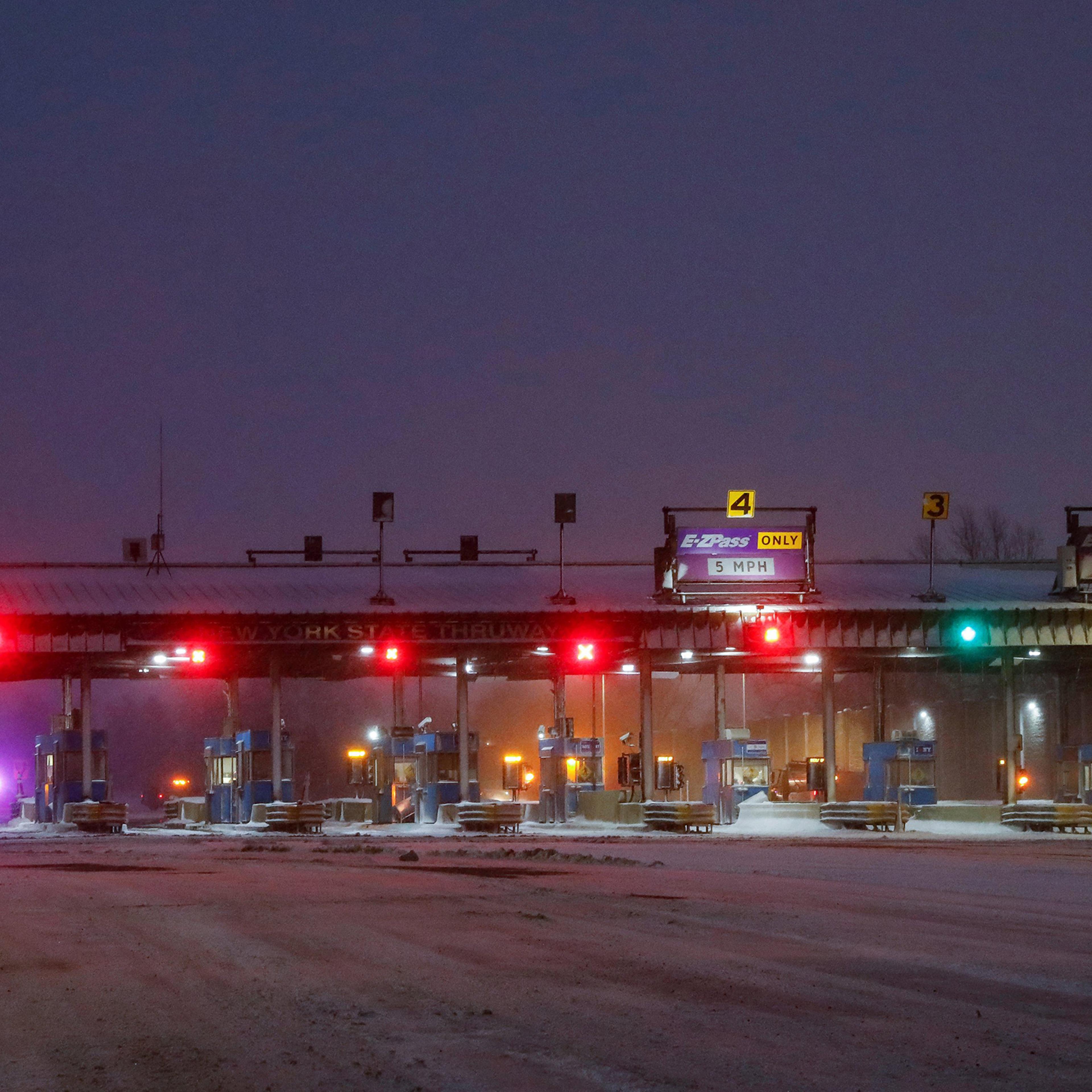 The entrance to the New York State Thruway is closed, following a major traffic incident due to blizzard-like conditions, near Buffalo, New York