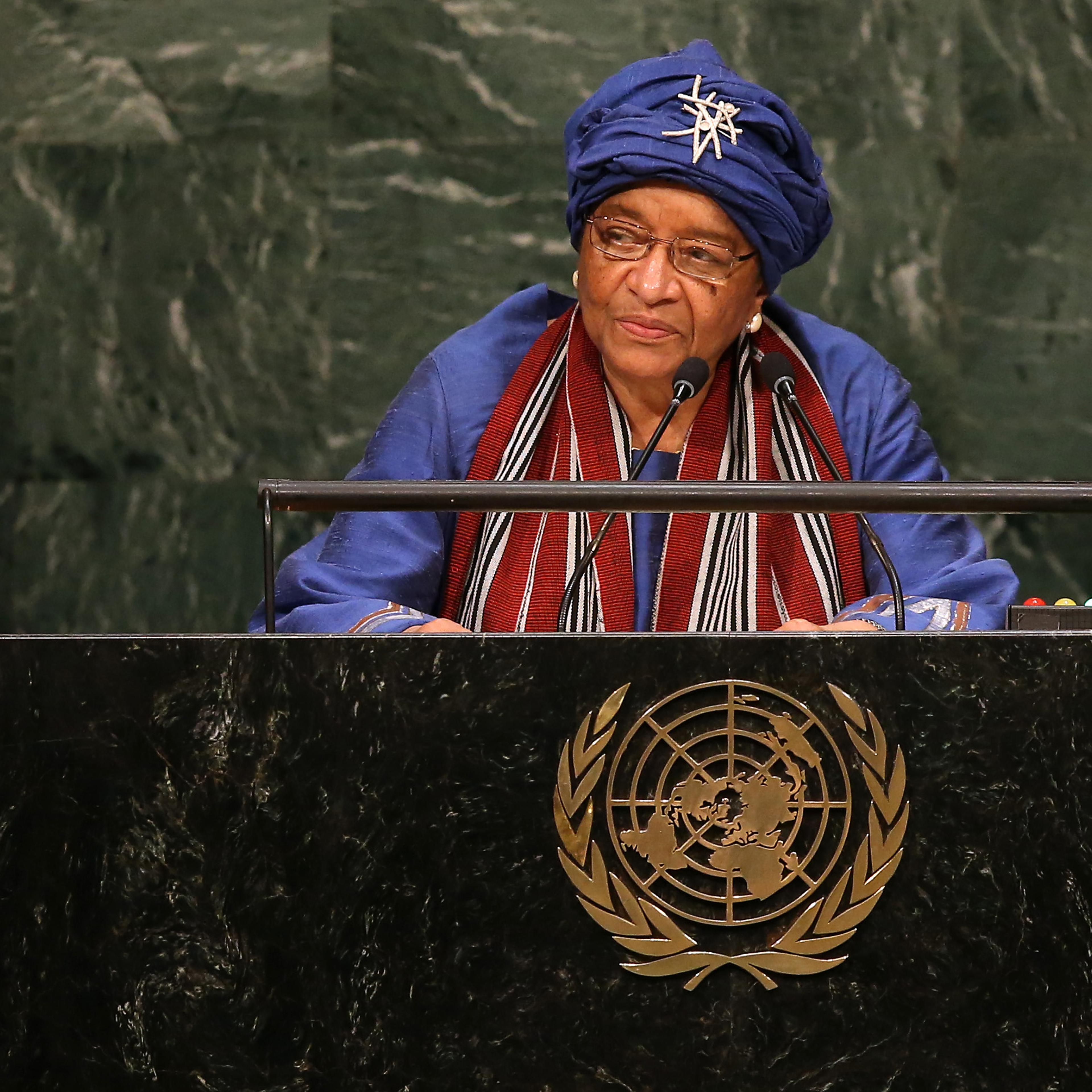 Ellen Johnson Sirleaf, President of Liberia, addresses the General Assembly of the United Nations in New York City on Sept. 29, 2015.
