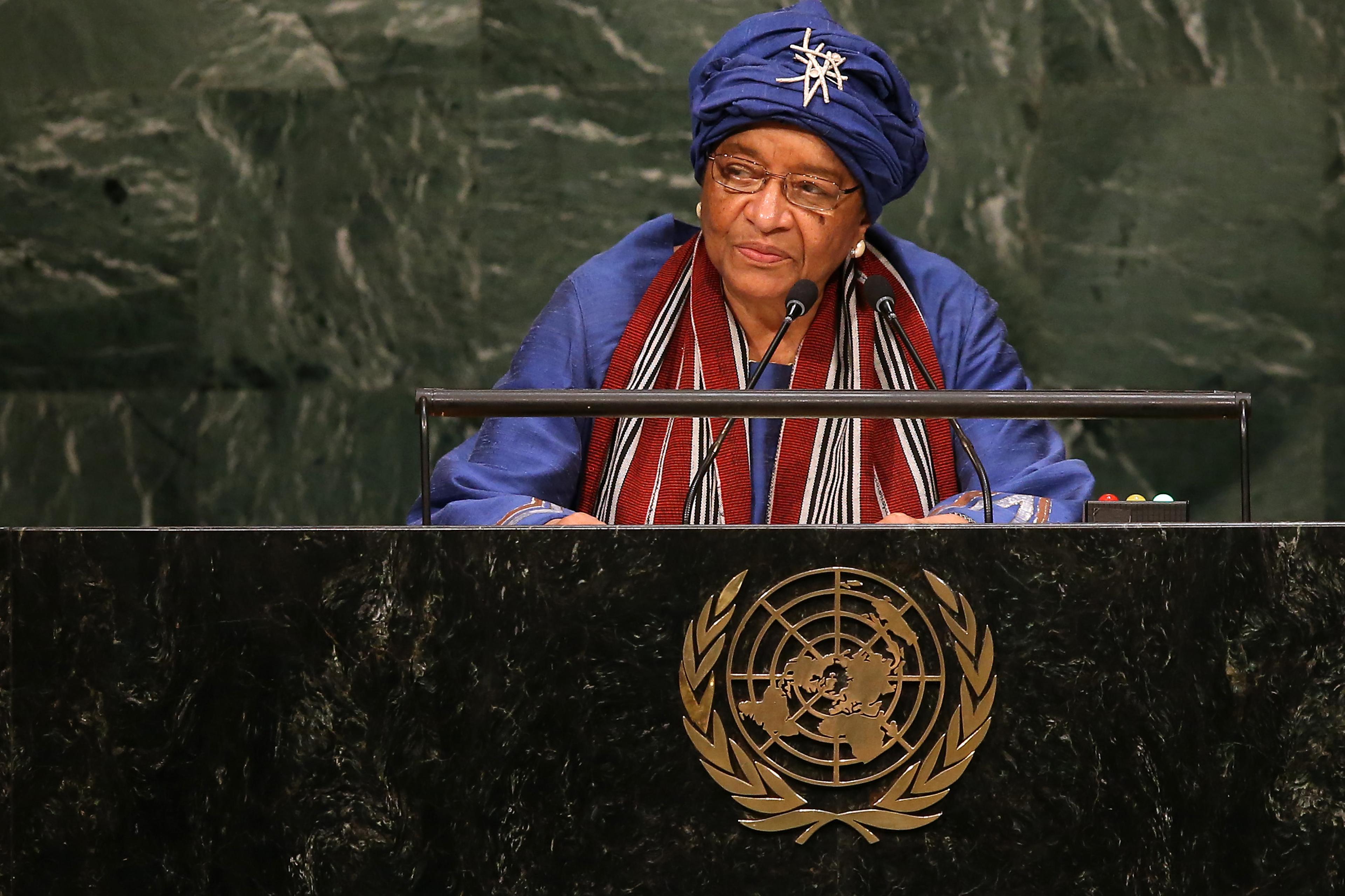 Ellen Johnson Sirleaf, President of Liberia, addresses the General Assembly of the United Nations in New York City on Sept. 29, 2015.