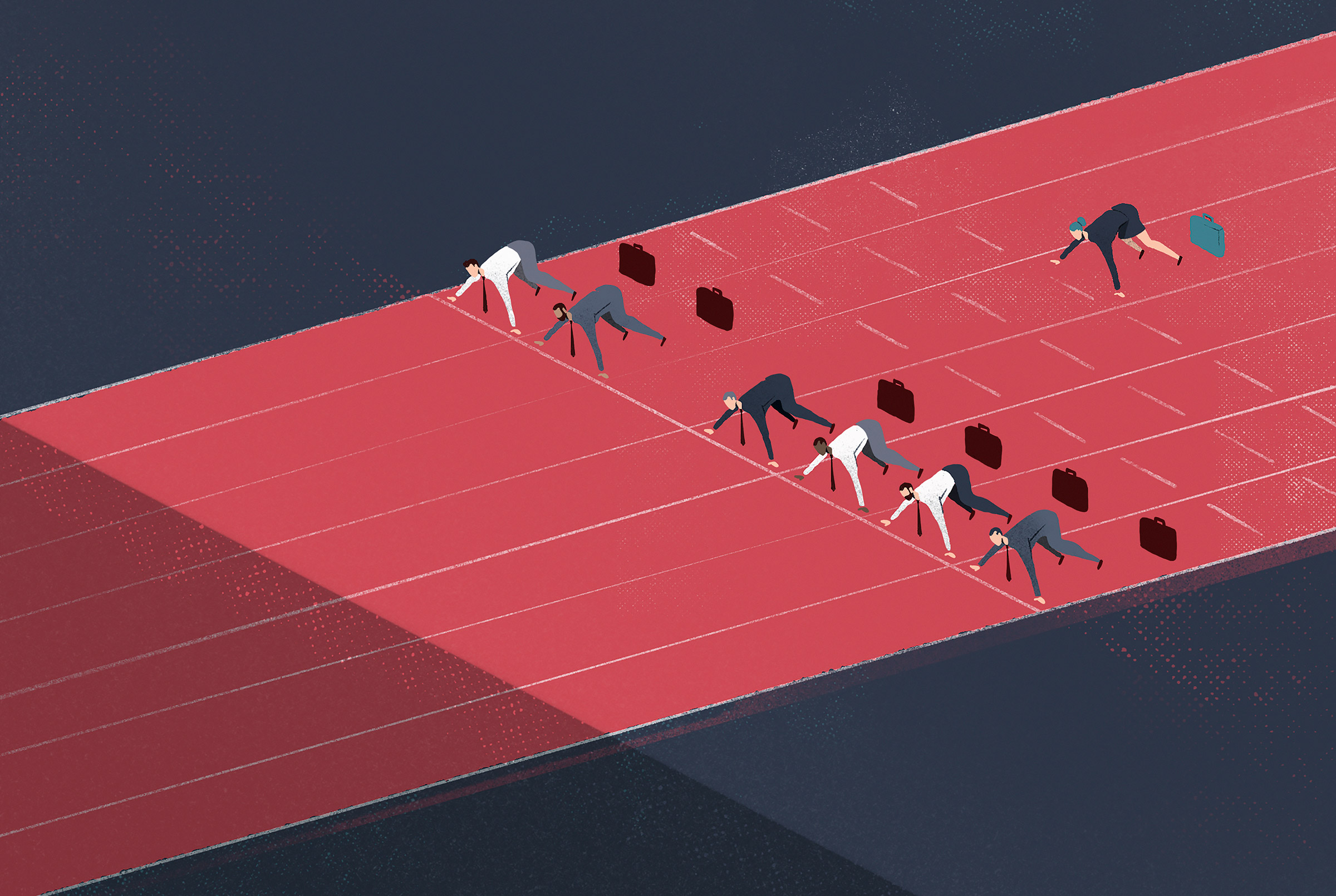 Businesswoman in starting position on racetrack behind businessmen