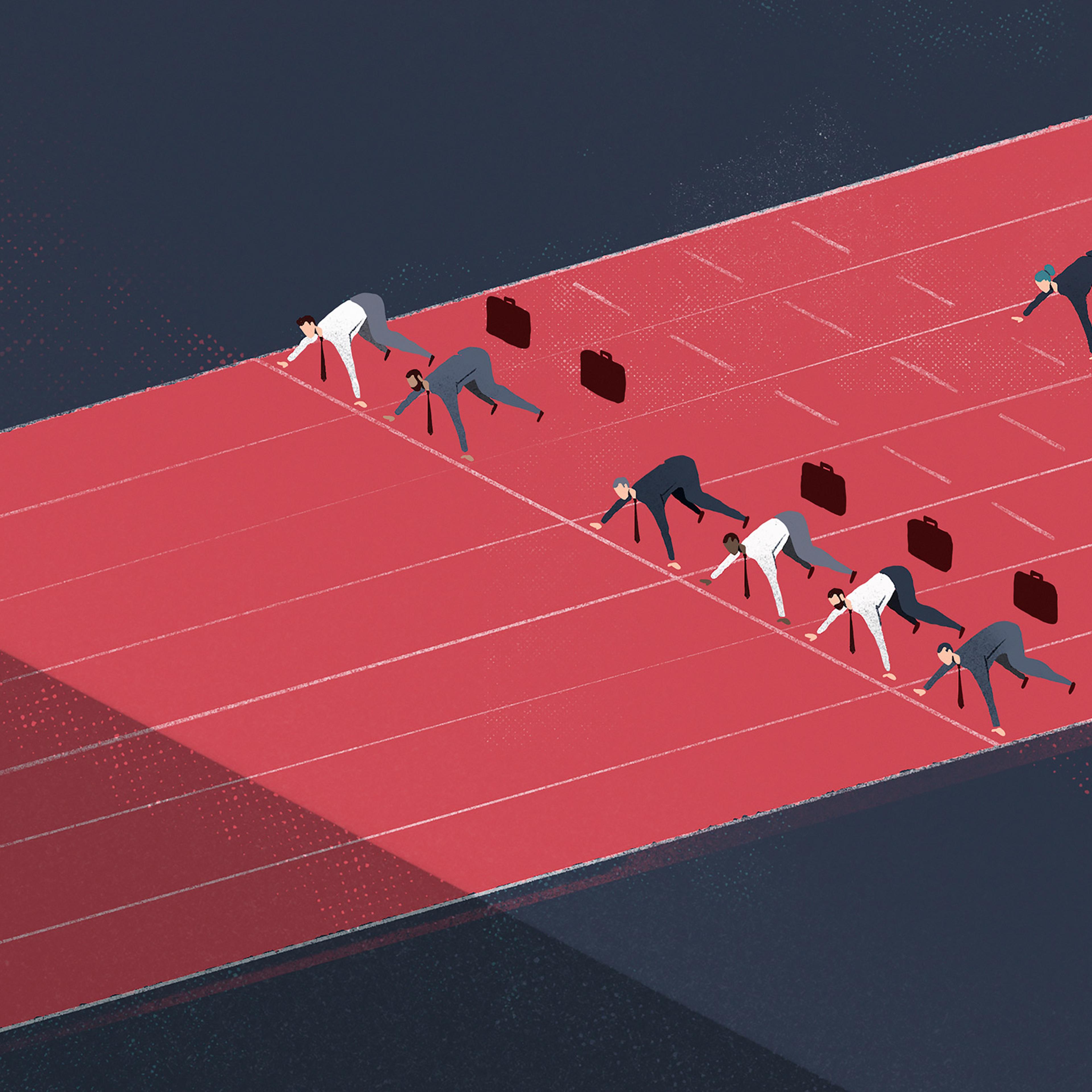 Businesswoman in starting position on racetrack behind businessmen