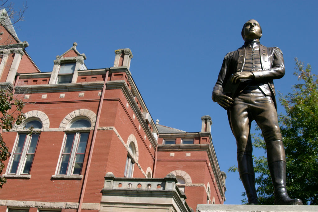 A statue of Marquis de LaFayette on Court Street in Fayetteville.
