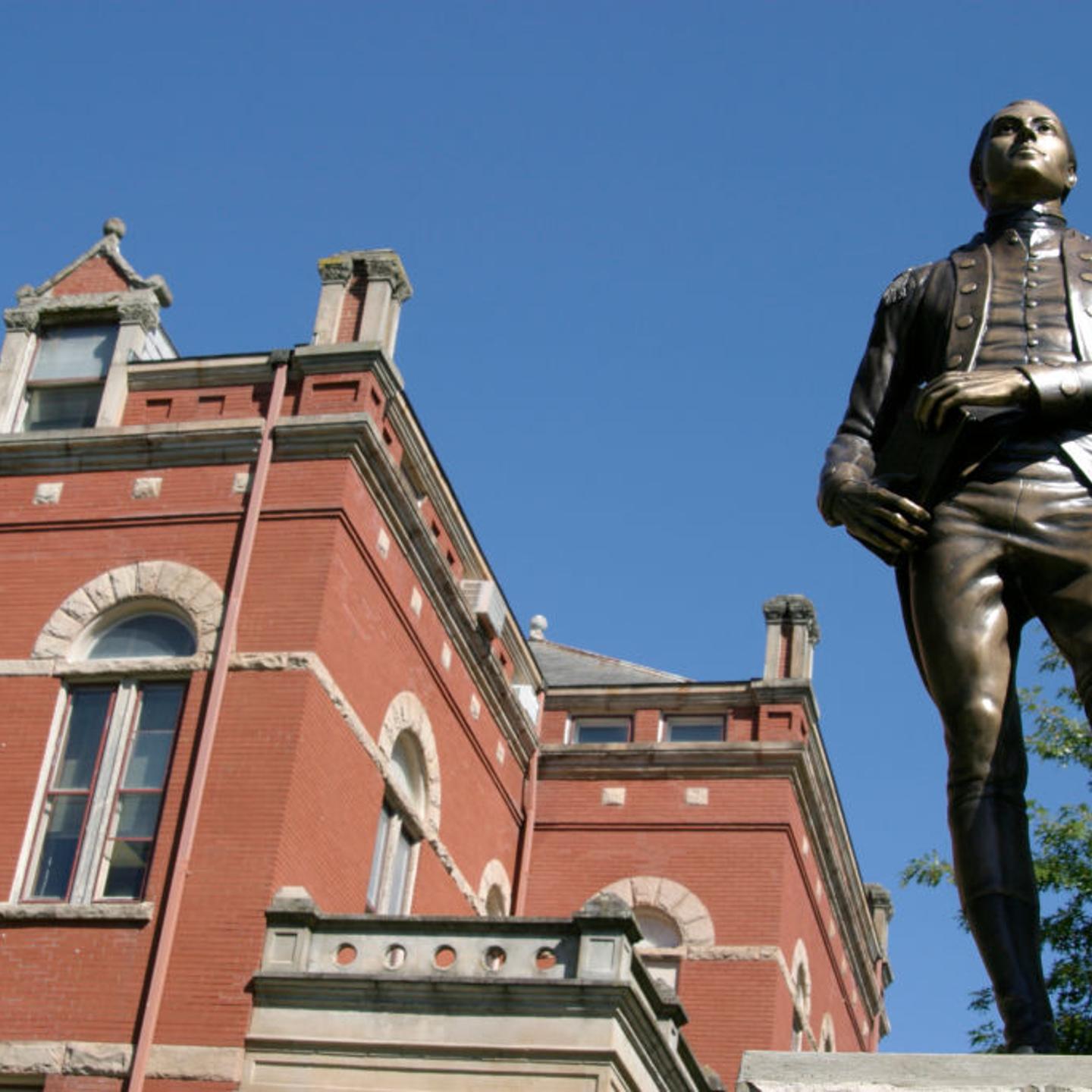 A statue of Marquis de LaFayette on Court Street in Fayetteville.