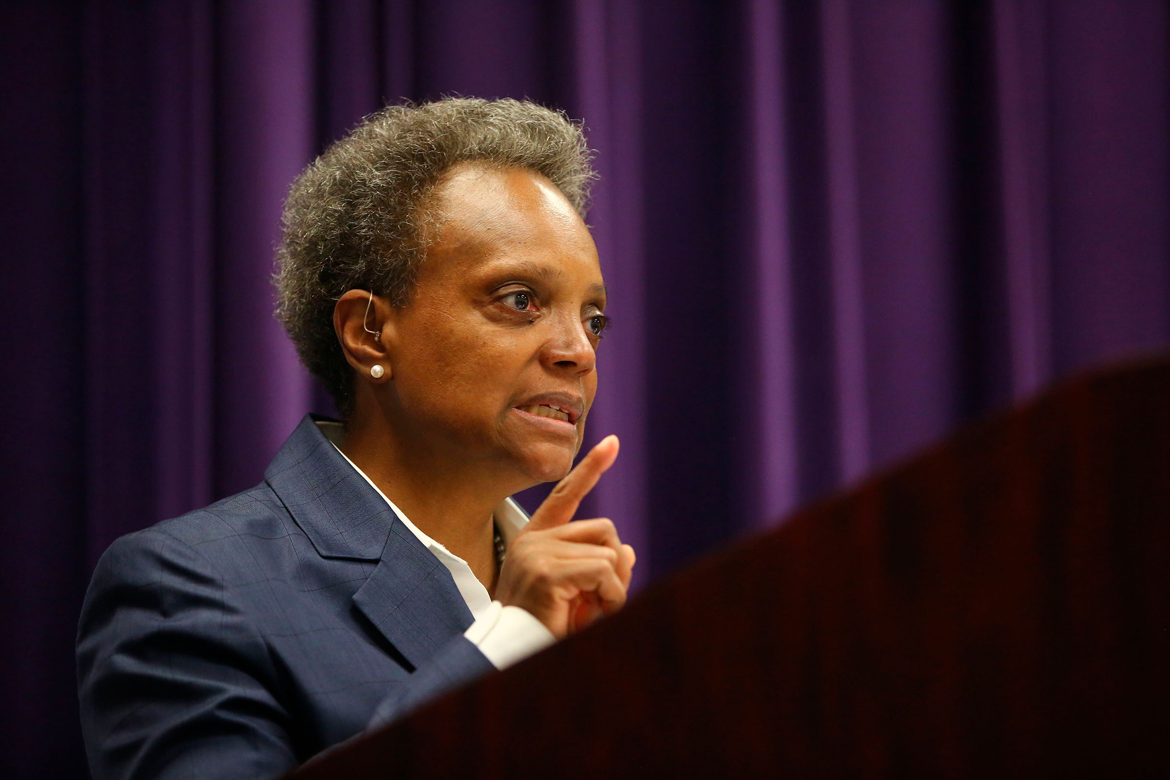 Mayor Lori Lightfoot speaks at a news conference Monday, Aug. 10, 2020, at Chicago Police headquarters to address looting that occurred overnight in Chicago