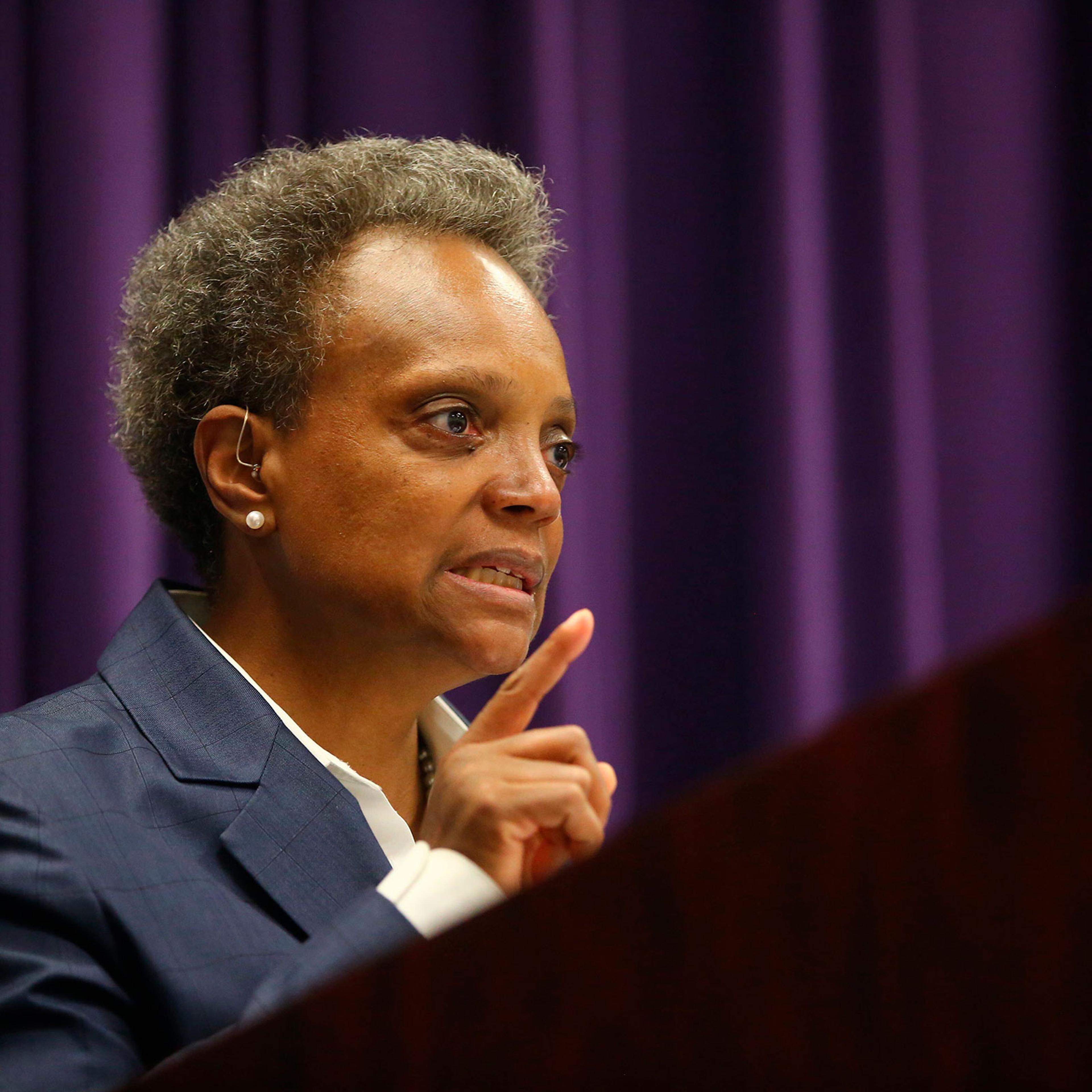 Mayor Lori Lightfoot speaks at a news conference Monday, Aug. 10, 2020, at Chicago Police headquarters to address looting that occurred overnight in Chicago