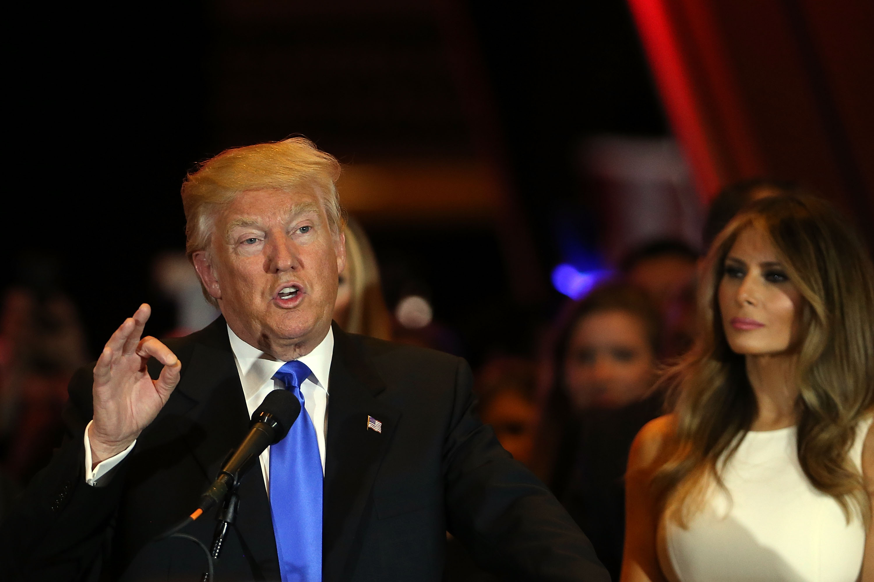 Republican presidential front runner Donald Trump speaks to supporters and the media at Trump Tower in Manhattan following his victory in the Indiana primary in New York City on May 03, 2016.