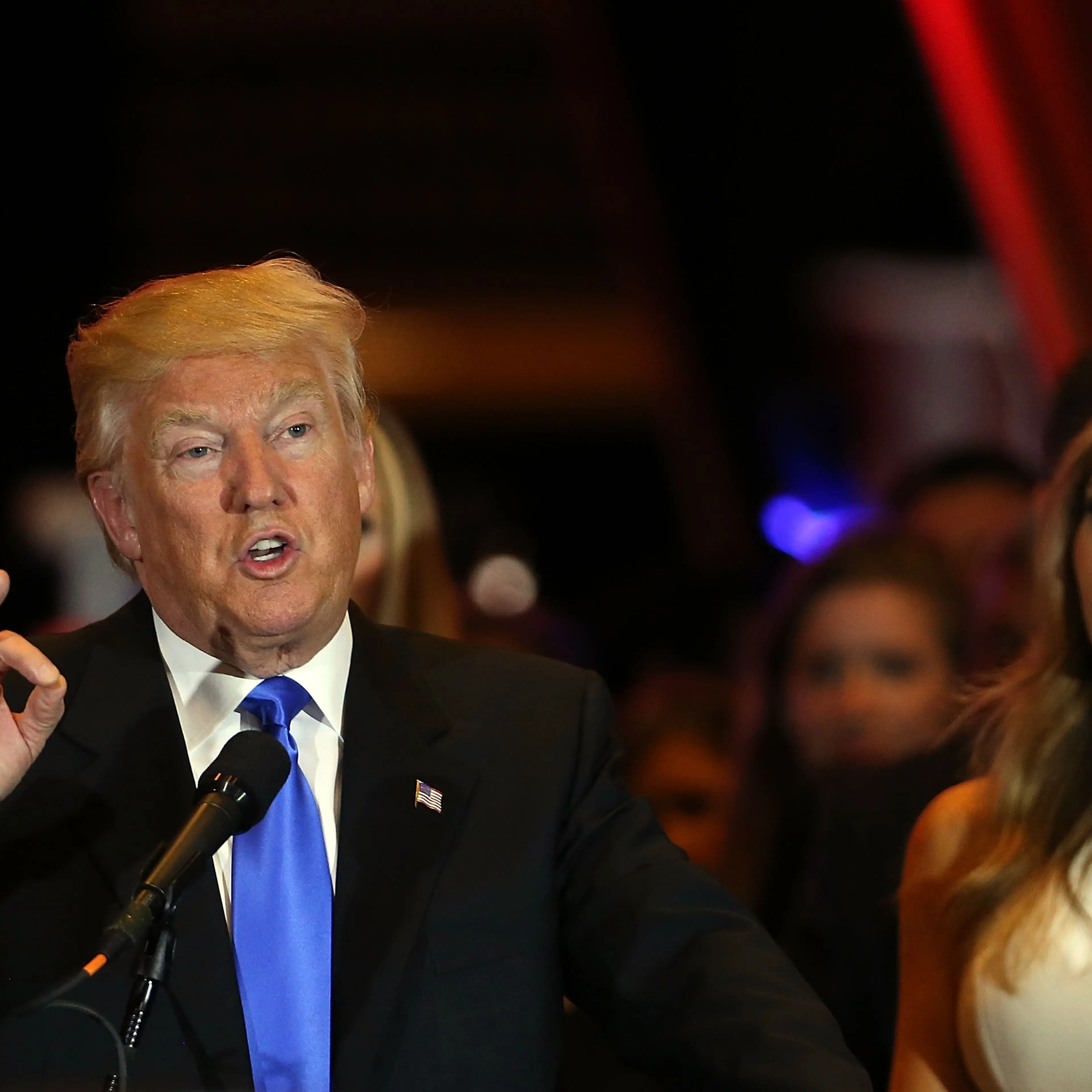 Republican presidential front runner Donald Trump speaks to supporters and the media at Trump Tower in Manhattan following his victory in the Indiana primary in New York City on May 03, 2016.