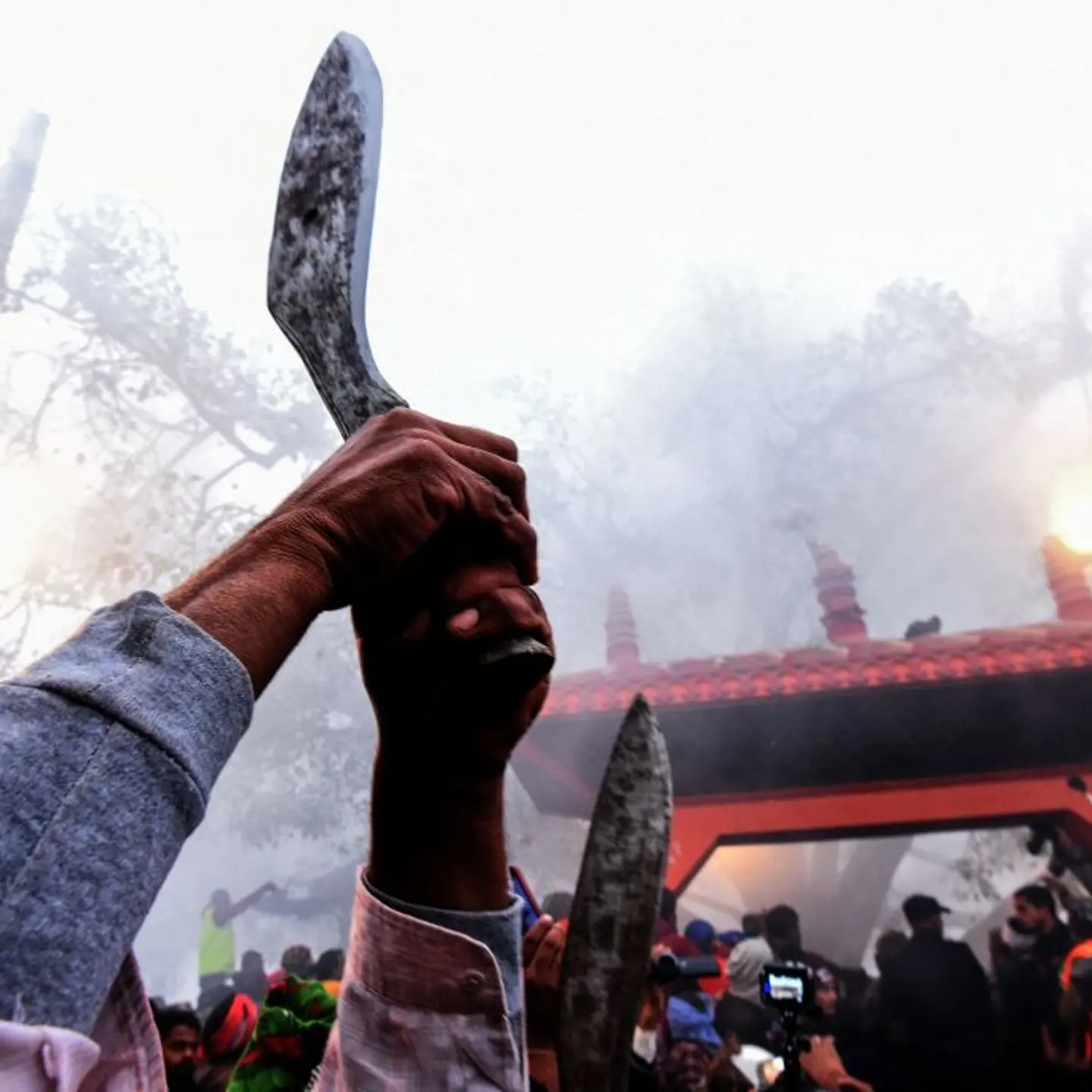 Hindu devotees hold knives as religious mantras are being sung ahead of the start of sacrificial offerings to Hindu goddess Gadhimai during the Gadhimai Festival in Bariyarpur, Nepal, south of the capital Kathmandu, on Dec. 3, 2019.