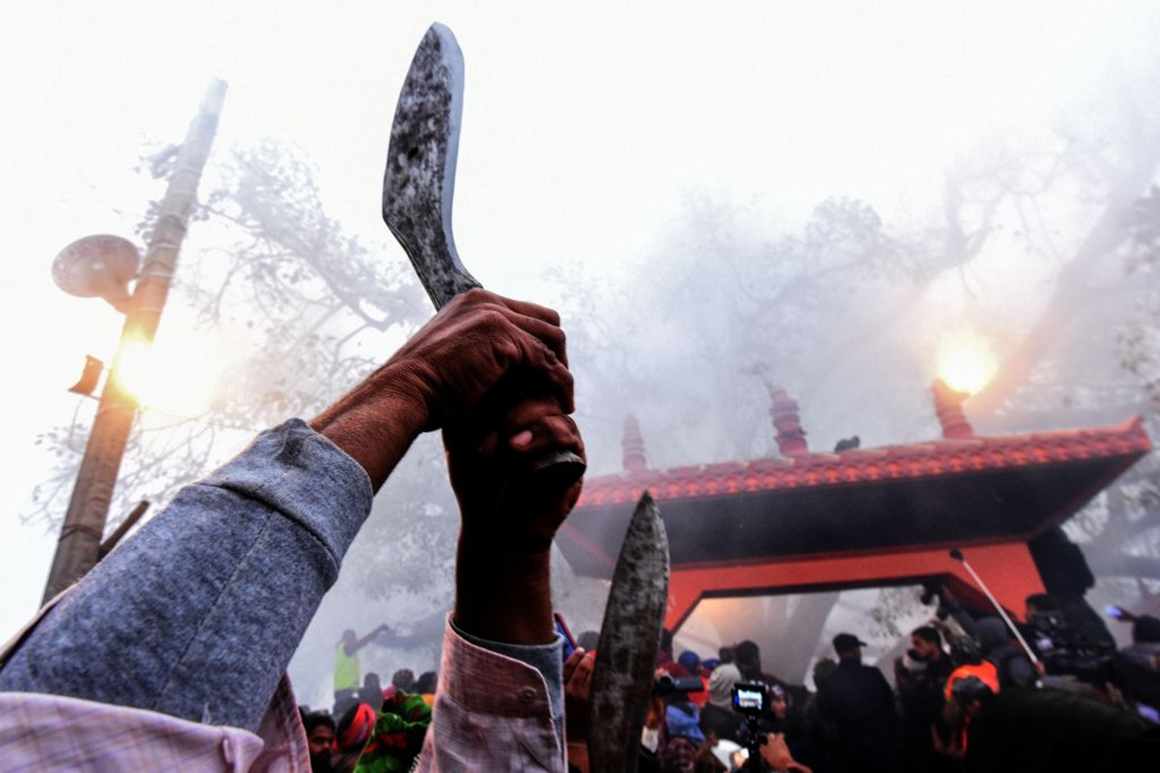 Hindu devotees hold knives as religious mantras are being sung ahead of the start of sacrificial offerings to Hindu goddess Gadhimai during the Gadhimai Festival in Bariyarpur, Nepal, south of the capital Kathmandu, on Dec. 3, 2019.
