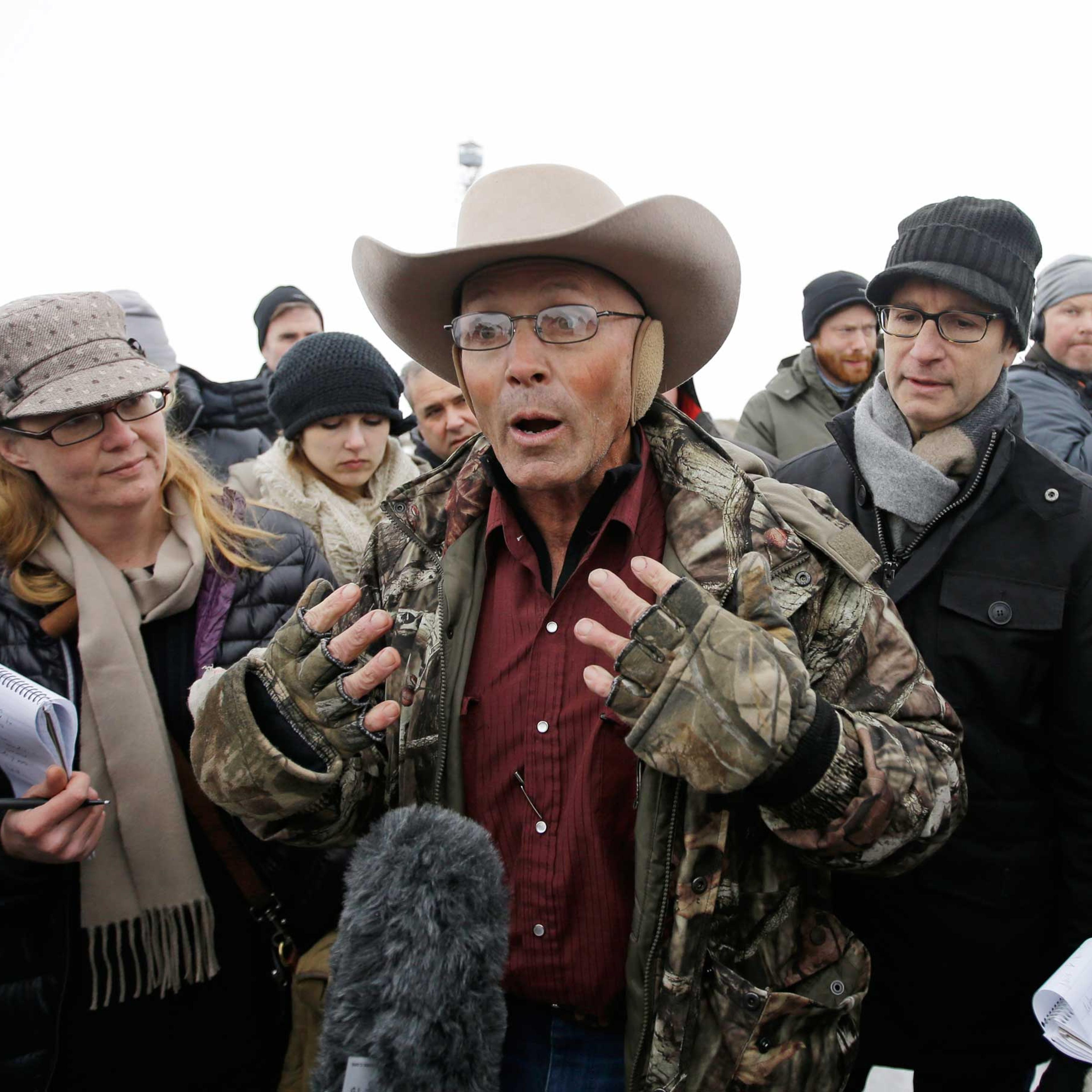 LaVoy Finicum, a rancher from Arizona who is part of the group occupying the Malheur National Wildlife Refuge, speaks during a news conference near Burns, Ore., on Jan. 5, 2016.