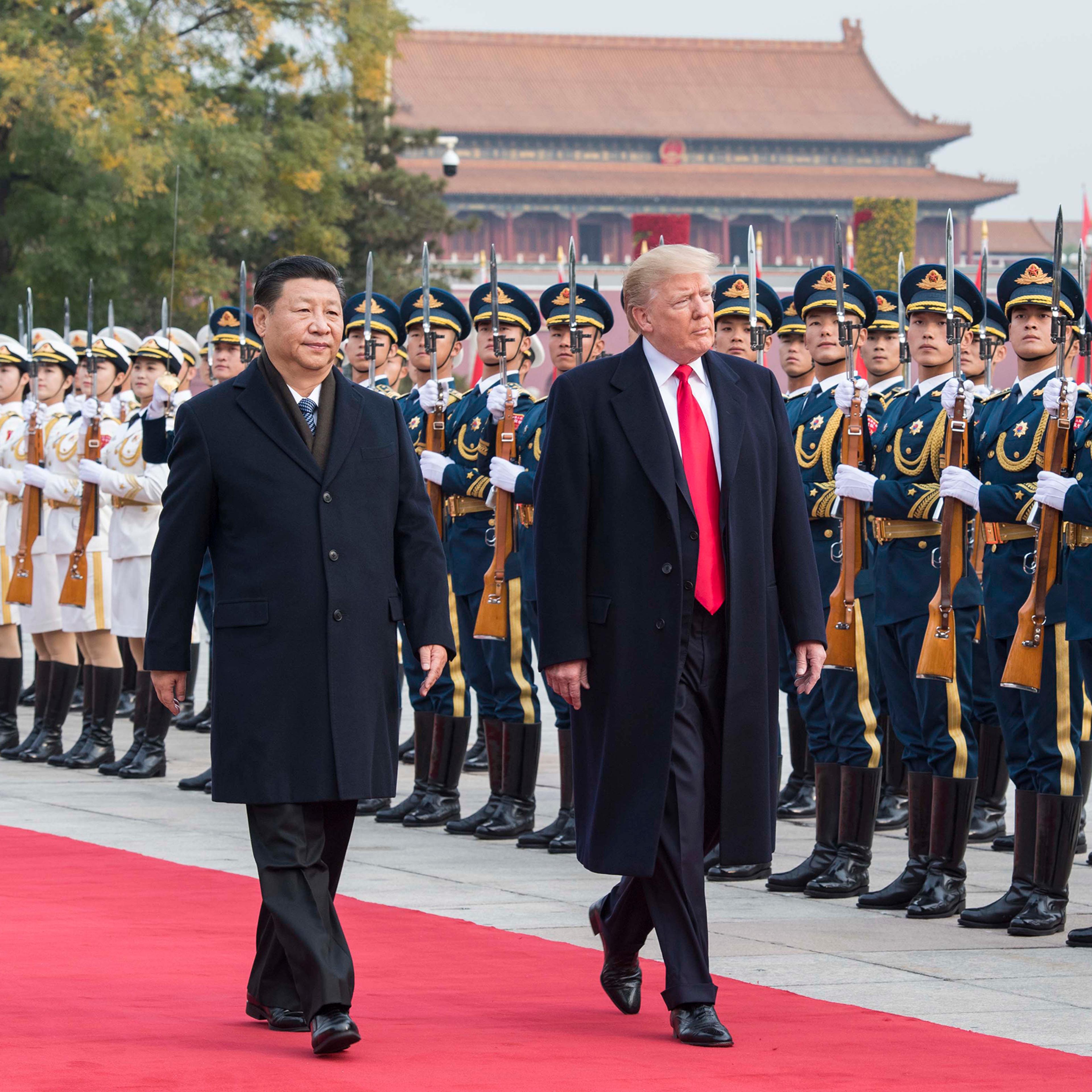 Chinese President Xi Jinping and U.S. President Donald Trump outside the Great Hall of the People in Beijing on Nov. 9, 2017