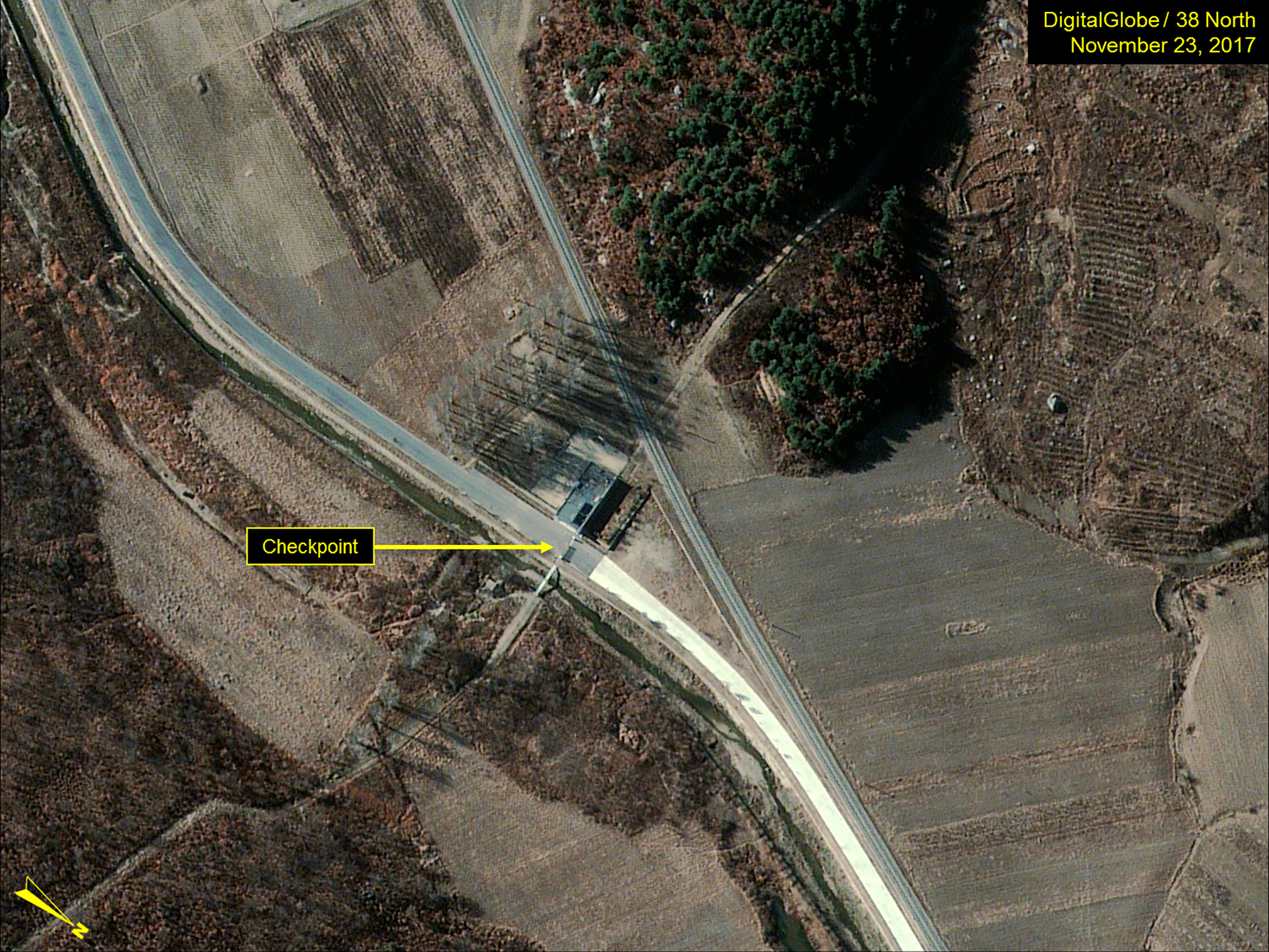 Satellite close-up of the main entrance and checkpoint of the facility