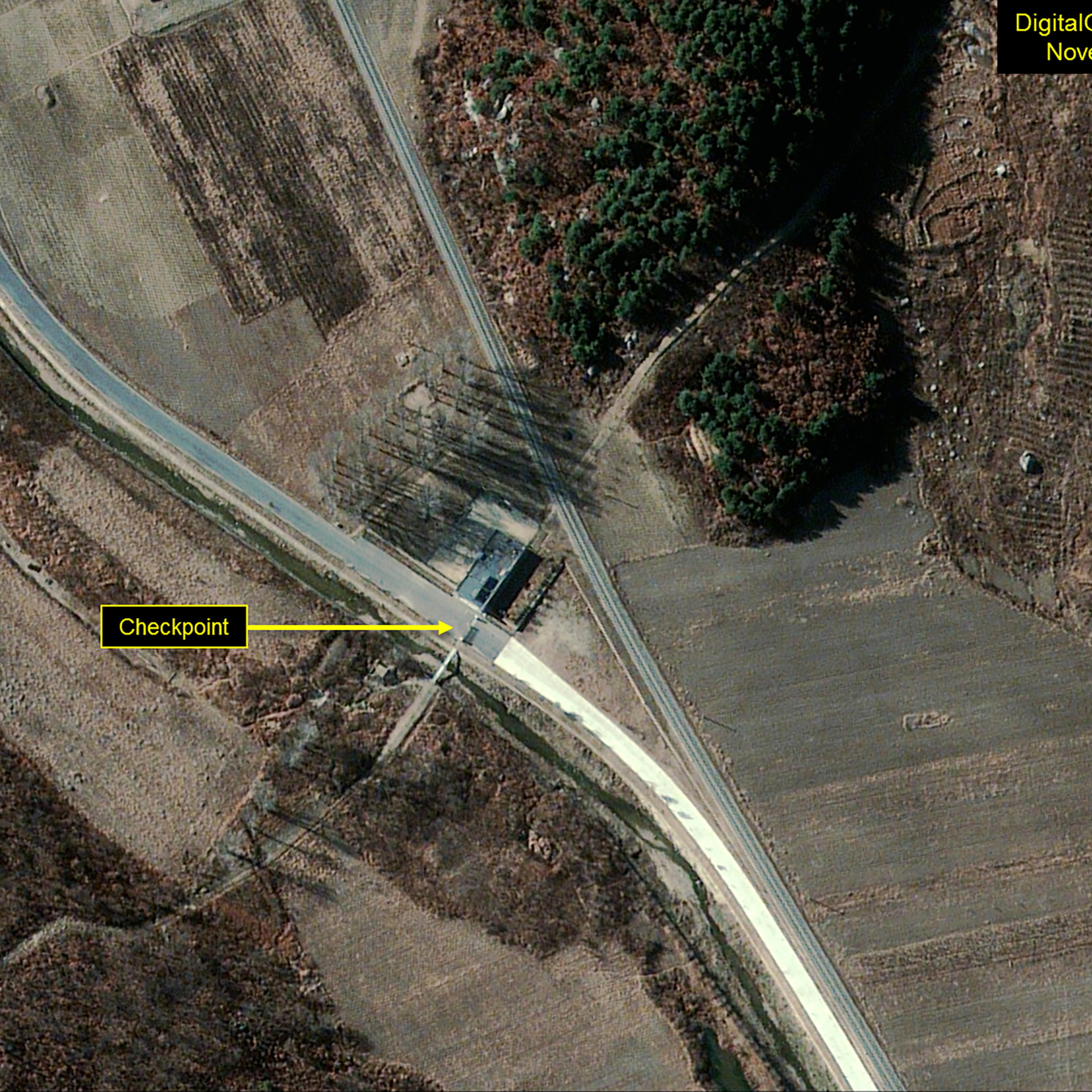 Satellite close-up of the main entrance and checkpoint of the facility