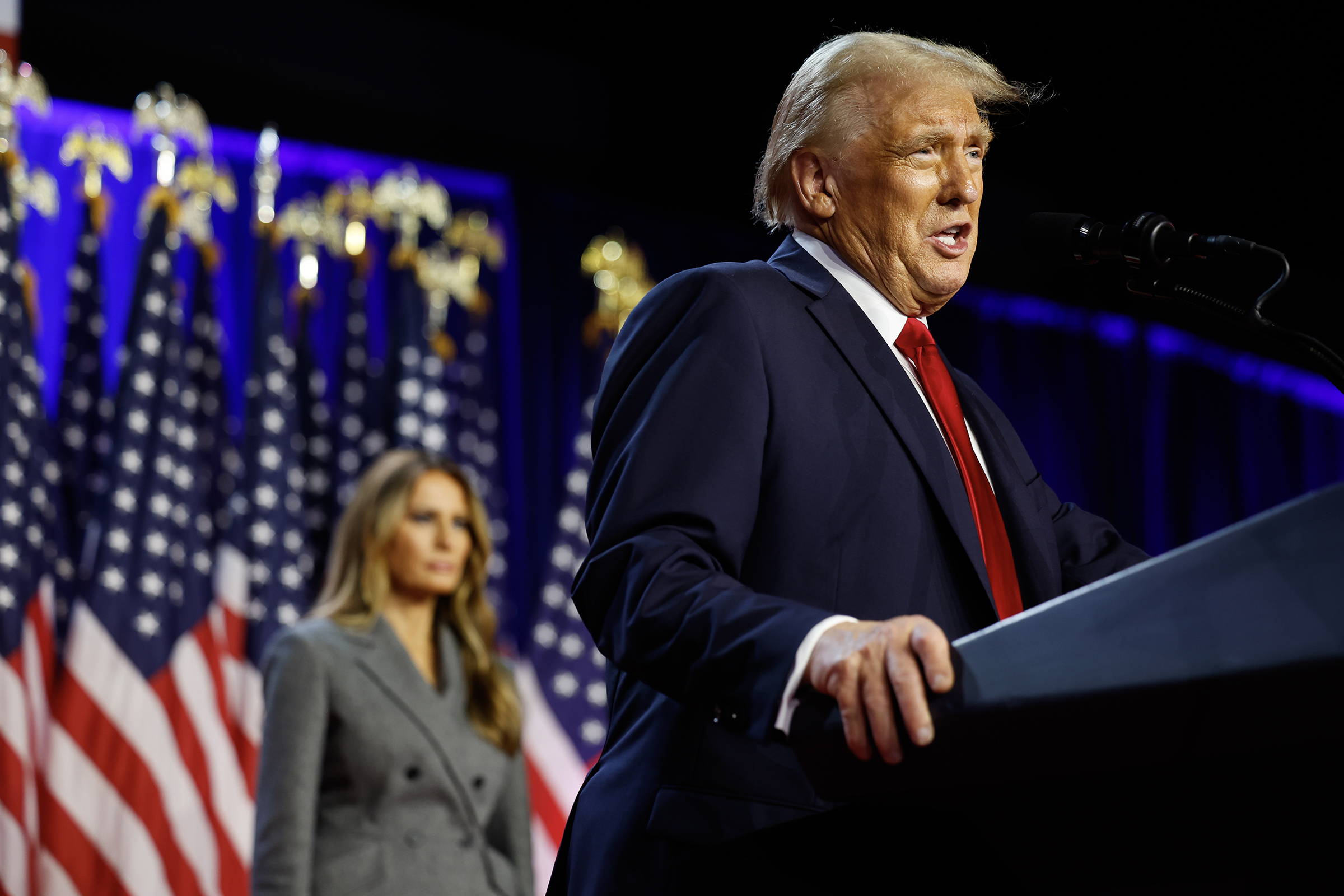 President-elect Donald Trump speaks during an election night event at the Palm Beach Convention Center in West Palm Beach, Florida, on Nov. 6, 2024.