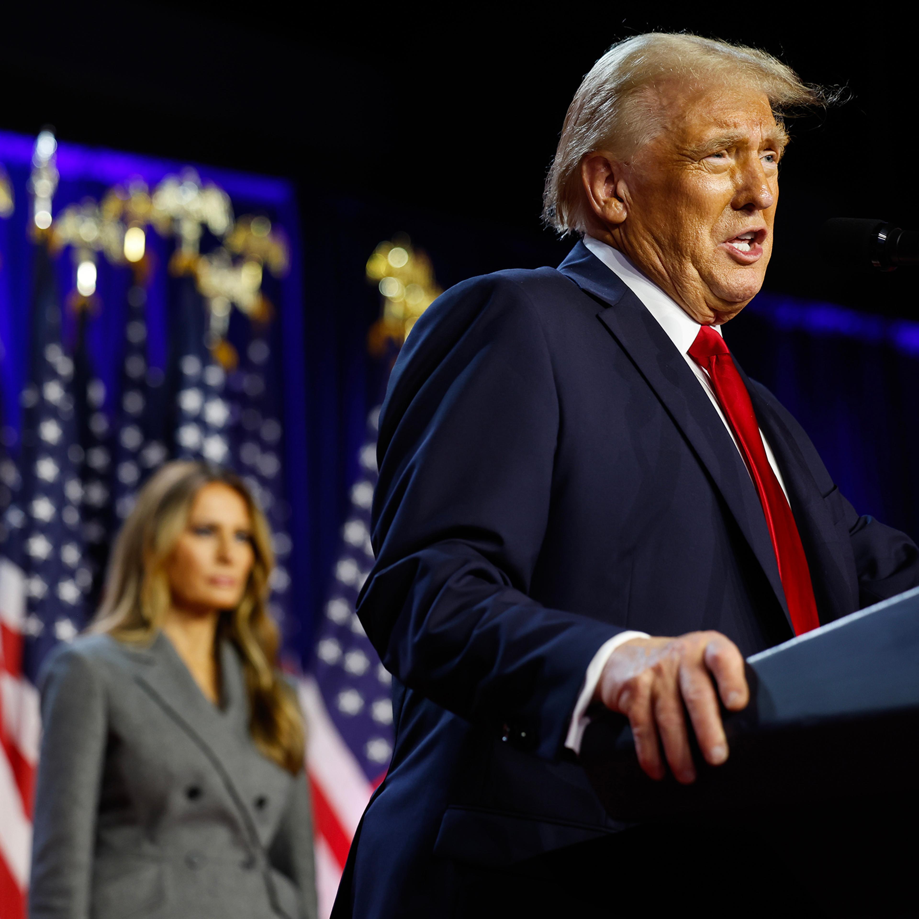 President-elect Donald Trump speaks during an election night event at the Palm Beach Convention Center in West Palm Beach, Florida, on Nov. 6, 2024.