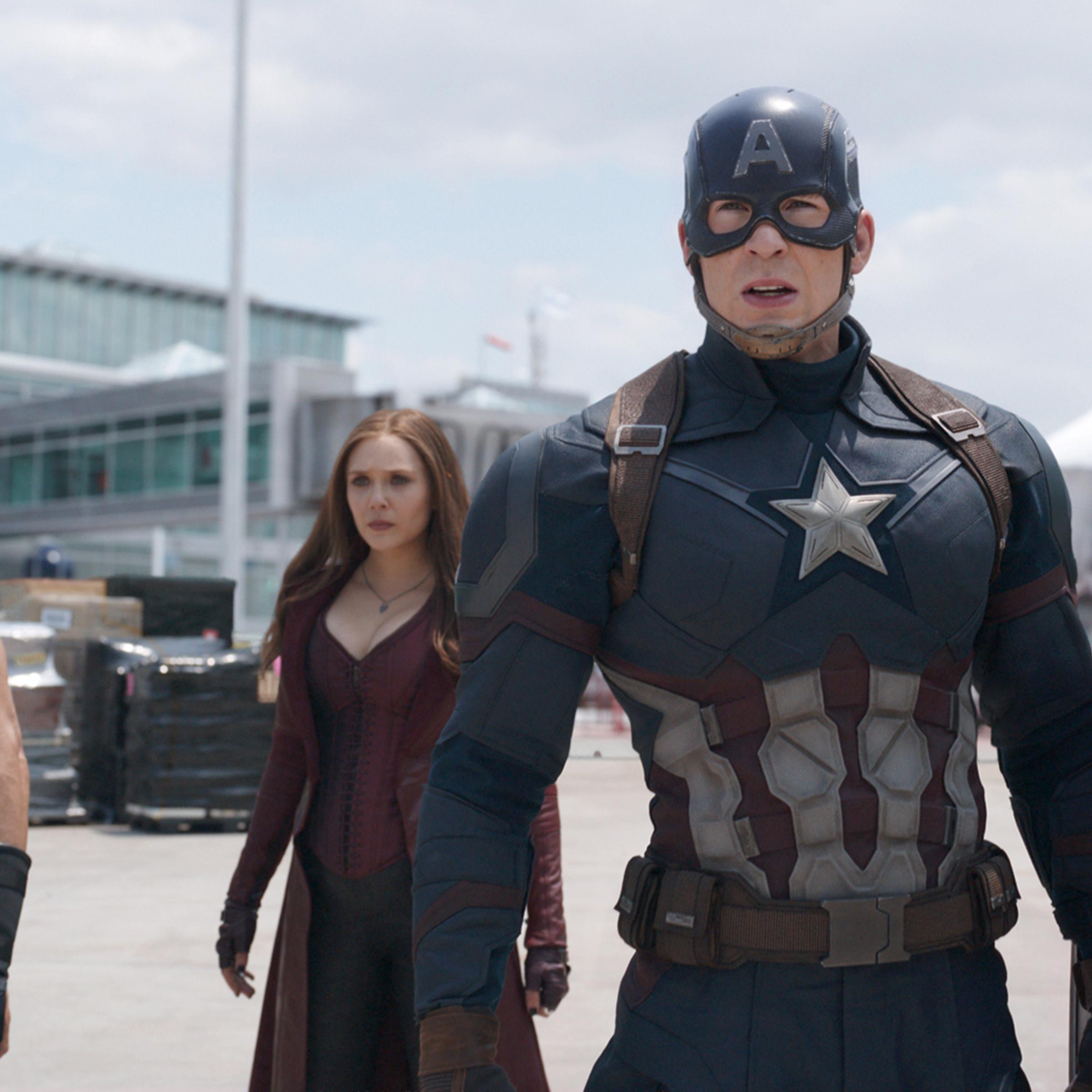 Marvel's Captain America: Civil War. L to R: Hawkeye/Clint Barton (Jeremy Renner), Scarlet Witch/Wanda Maximoff (Elizabeth Olsen), Captain America/Steve Rogers (Chris Evans), and Winter Soldier/Bucky Barnes (Sebastian Stan).
