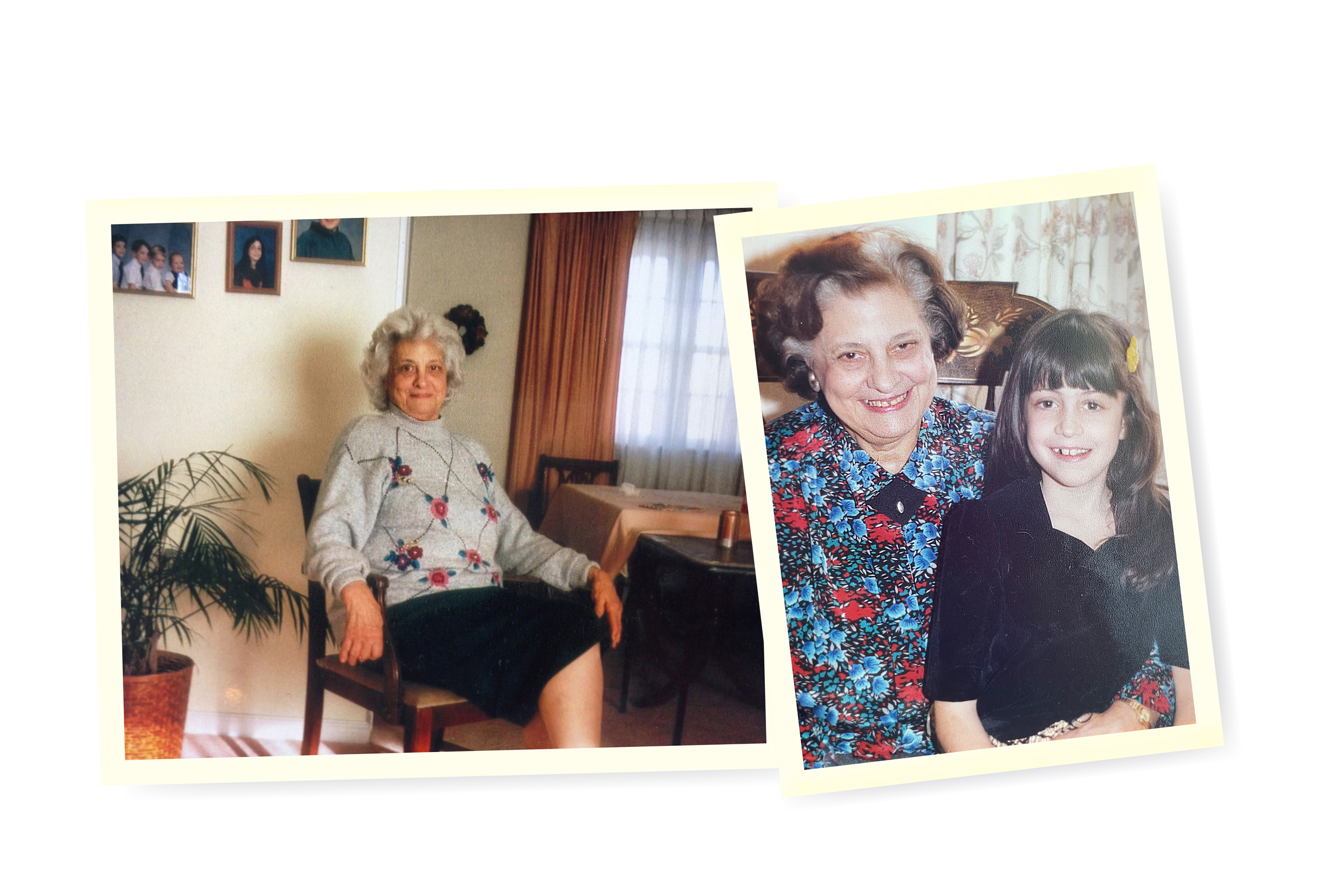 The author's grandmother at home in Langhorne Manor, Pa., in the late 1990s; the author with "Gran" in Philadelphia in the late 80s.