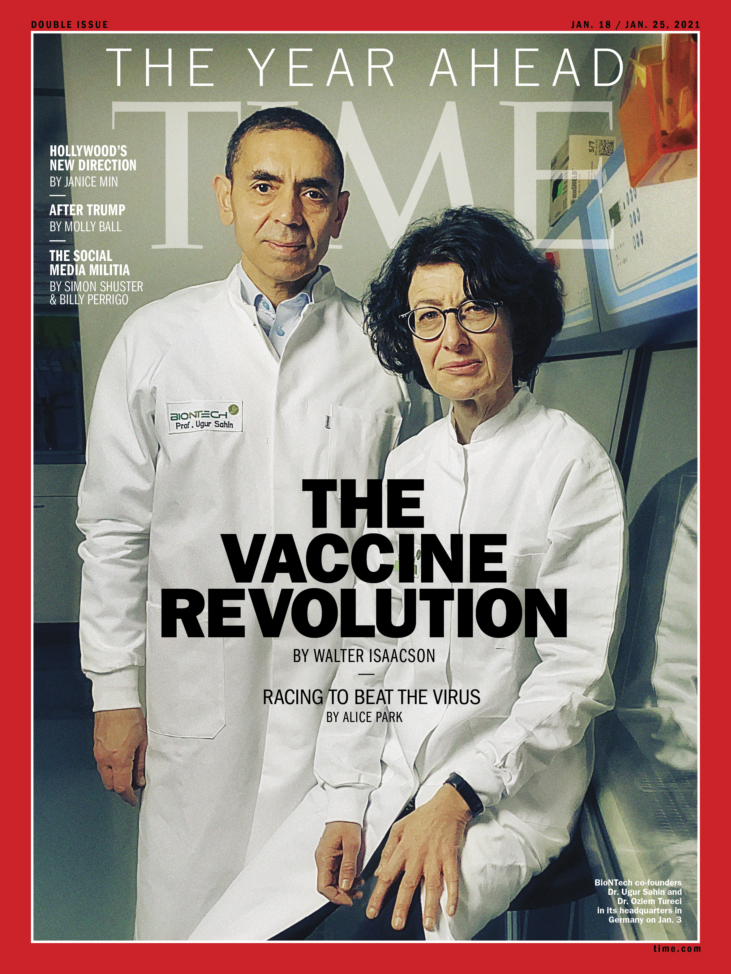 BioNTech co-founders Dr. Ugur Sahin and Dr. Ozlem Tureci in its headquarters in Germany on Jan. 3.