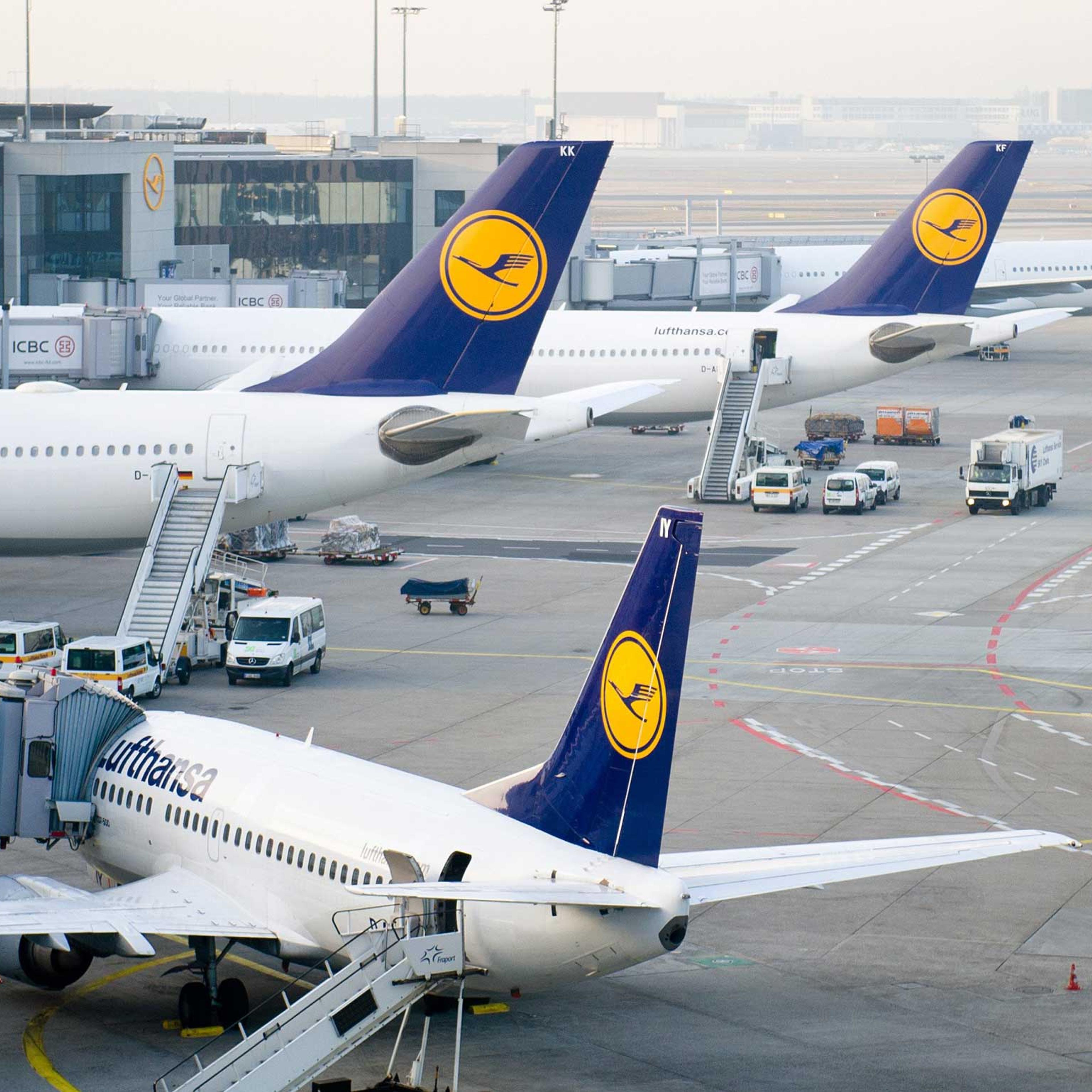 Short-haul and long-haul Lufthansa aircrafts stand at the airport in Frankfurt, Germany on March 18, 2015.