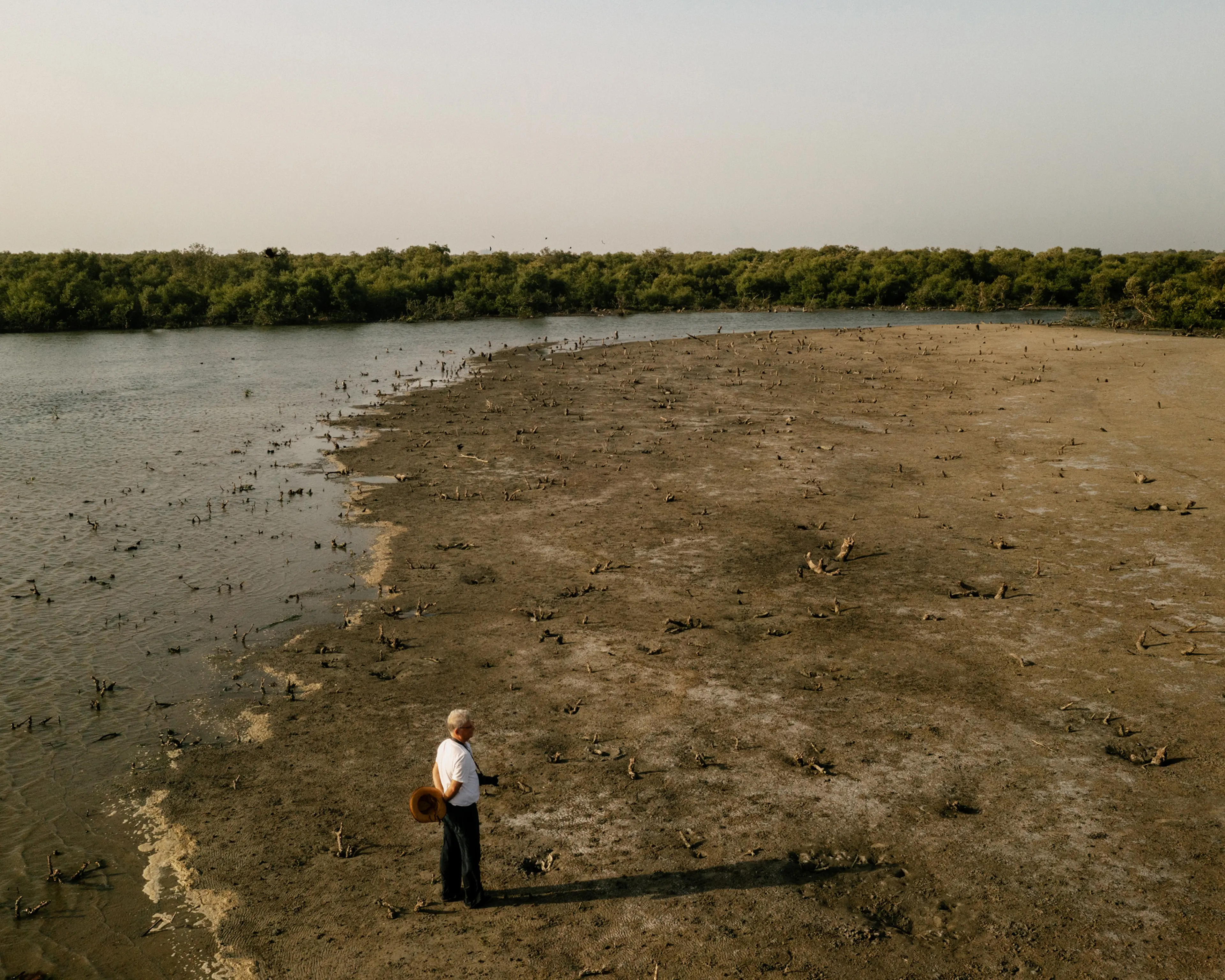 Qaiser looks out at a formerly wooded area of Bundal Island, which has been illegally cleared of its mangrove trees