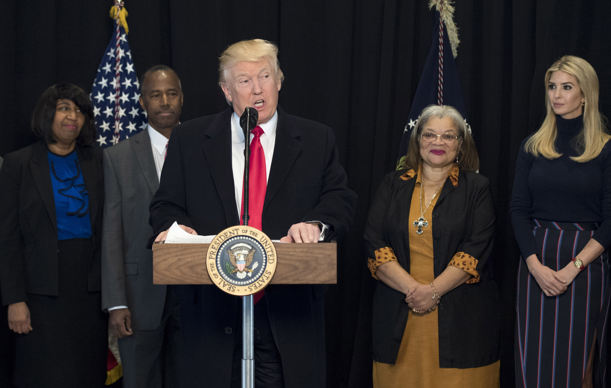 President Donald Trump delivers remarks after touring the Smithsonian National Museum of African American History and Culture on Feb. 21, 2017 in Washington.