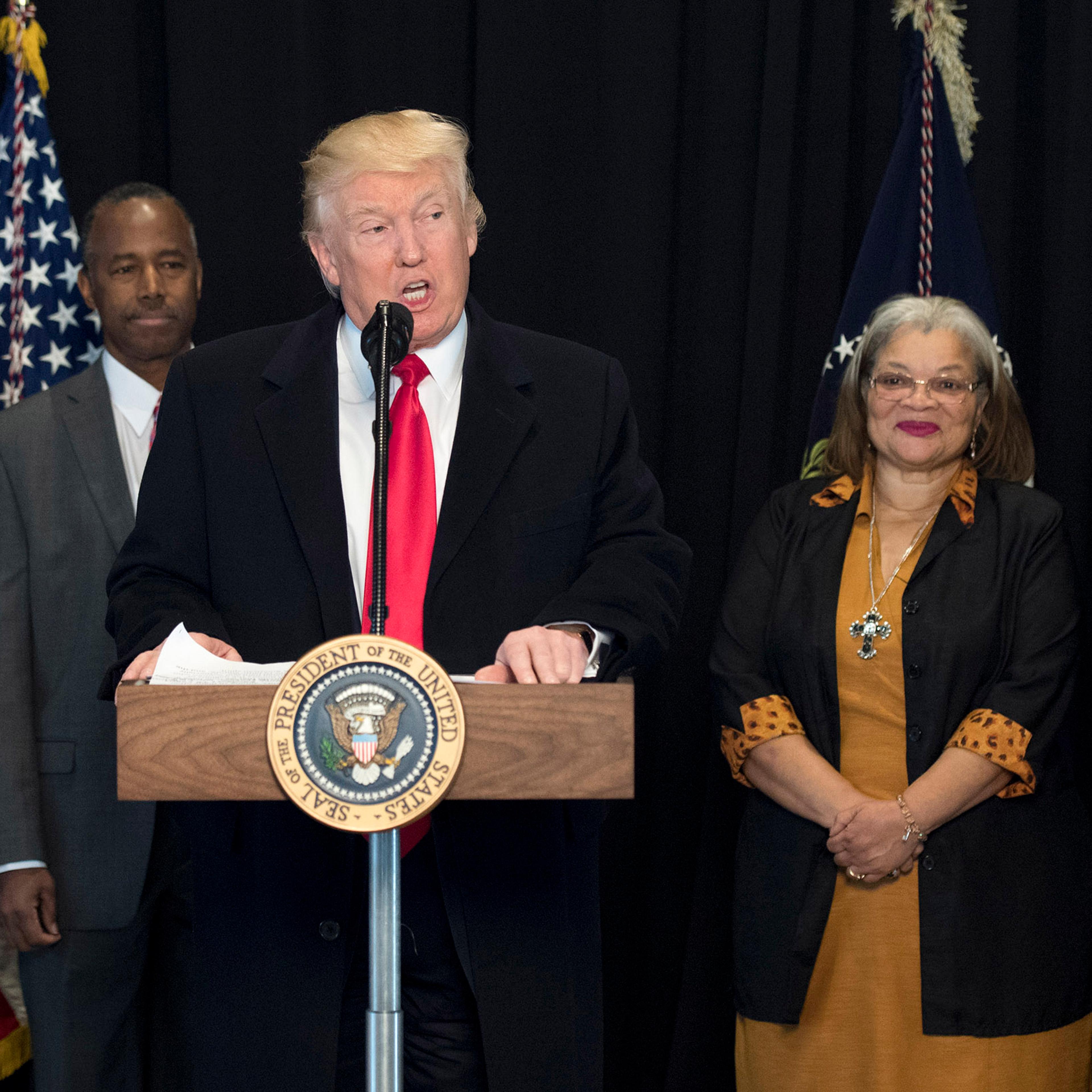 President Donald Trump delivers remarks after touring the Smithsonian National Museum of African American History and Culture on Feb. 21, 2017 in Washington.