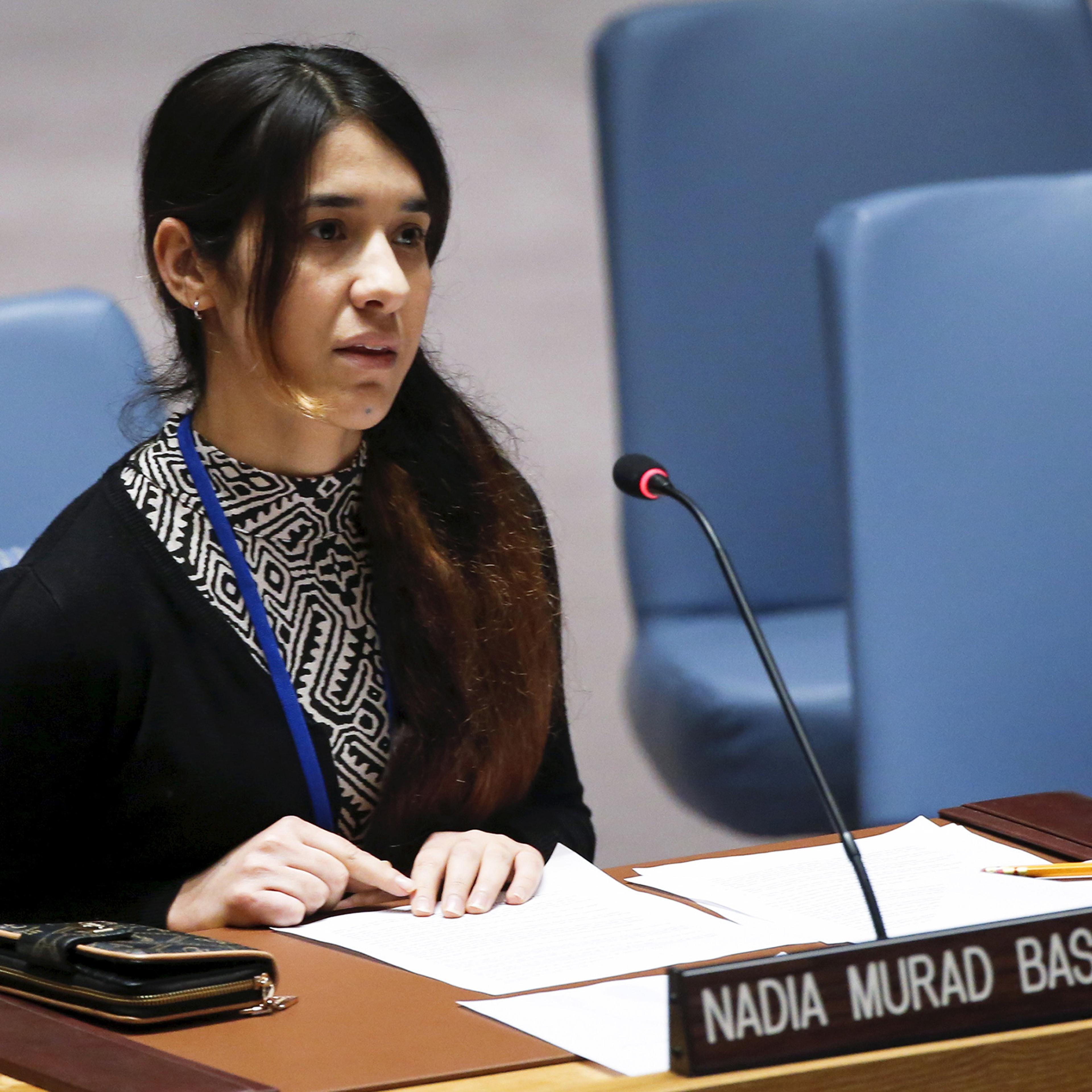 Nadia Murad Basee Taha, a 21-year-old Iraqi woman of the Yezidi minority, speaks to members of the Security Council during a meeting at the United Nations headquarters in New York on Dec. 16, 2015.