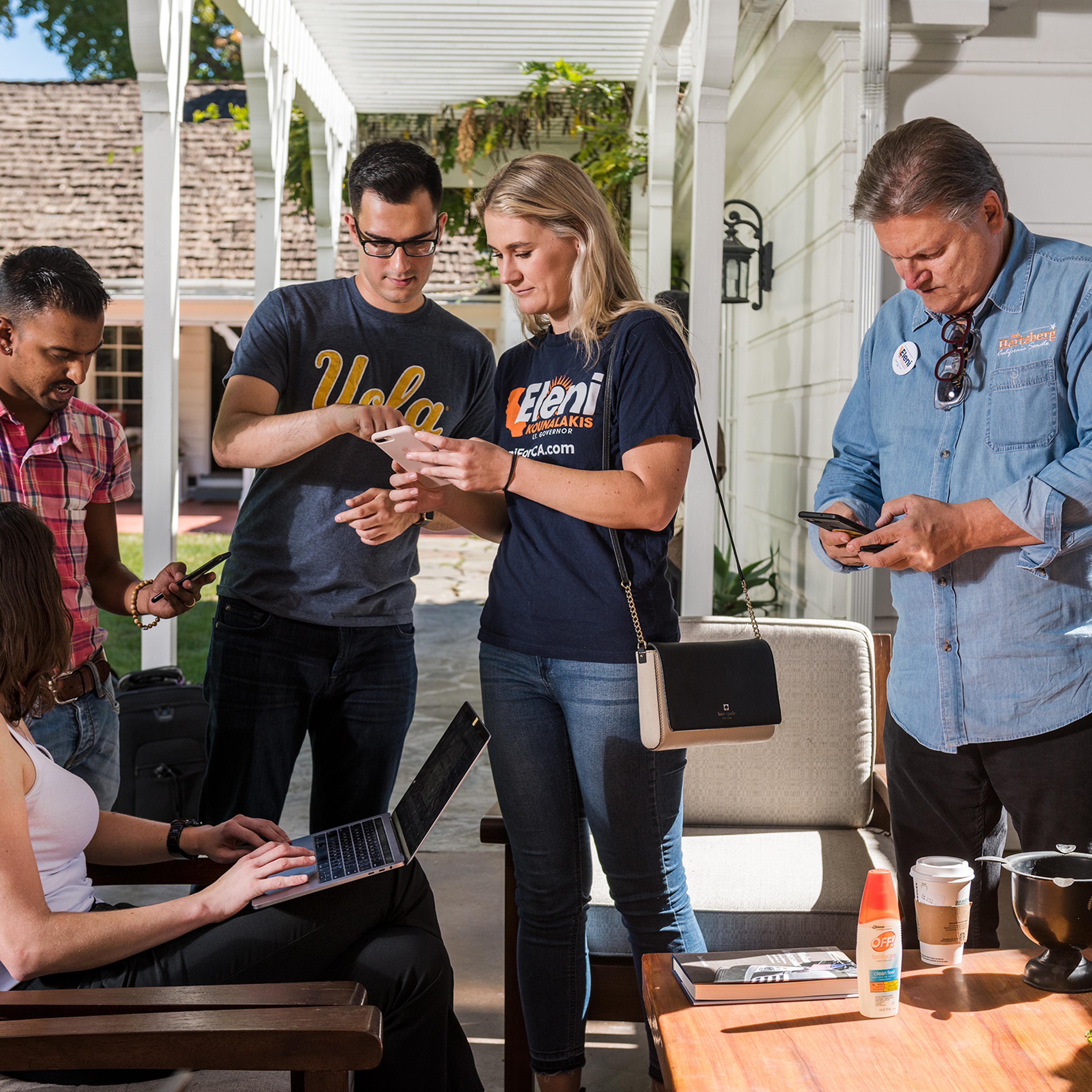 Volunteers attend a political "Textbank" for California Lt. Governor candidate, Eleni Kounalakis