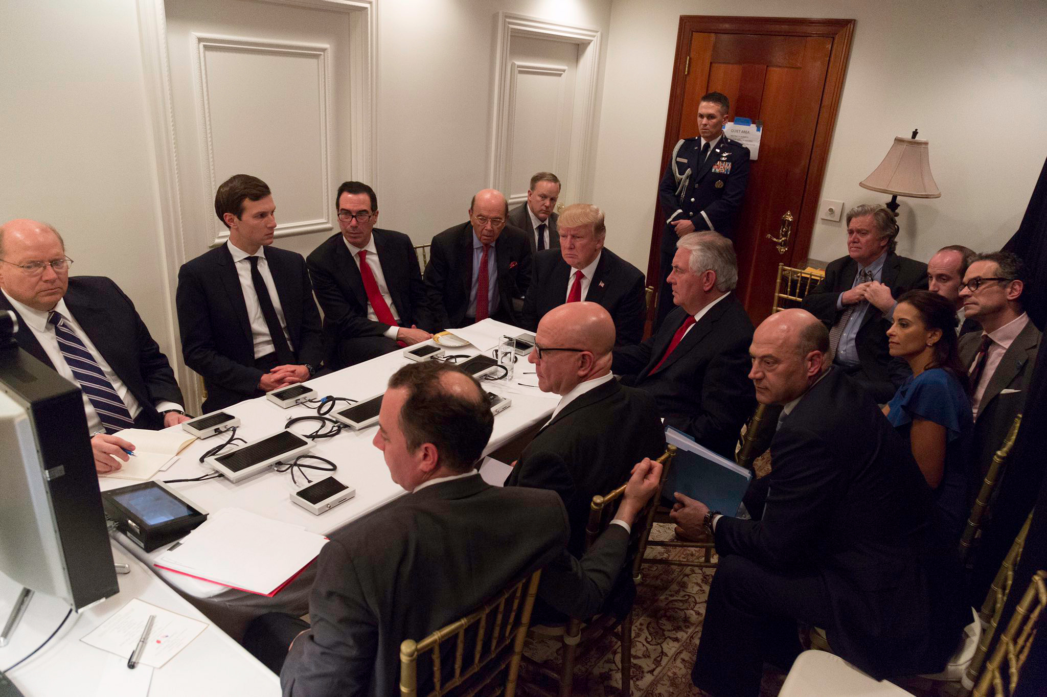 An image released April 7, 2017, by White House Press Secretary Sean Spicer that is said to show a national security briefing at President Trump at Mar-a-Lago after the U.S. launched missiles into Syria on April 6, 2017. Spicer said on Twitter the photo 