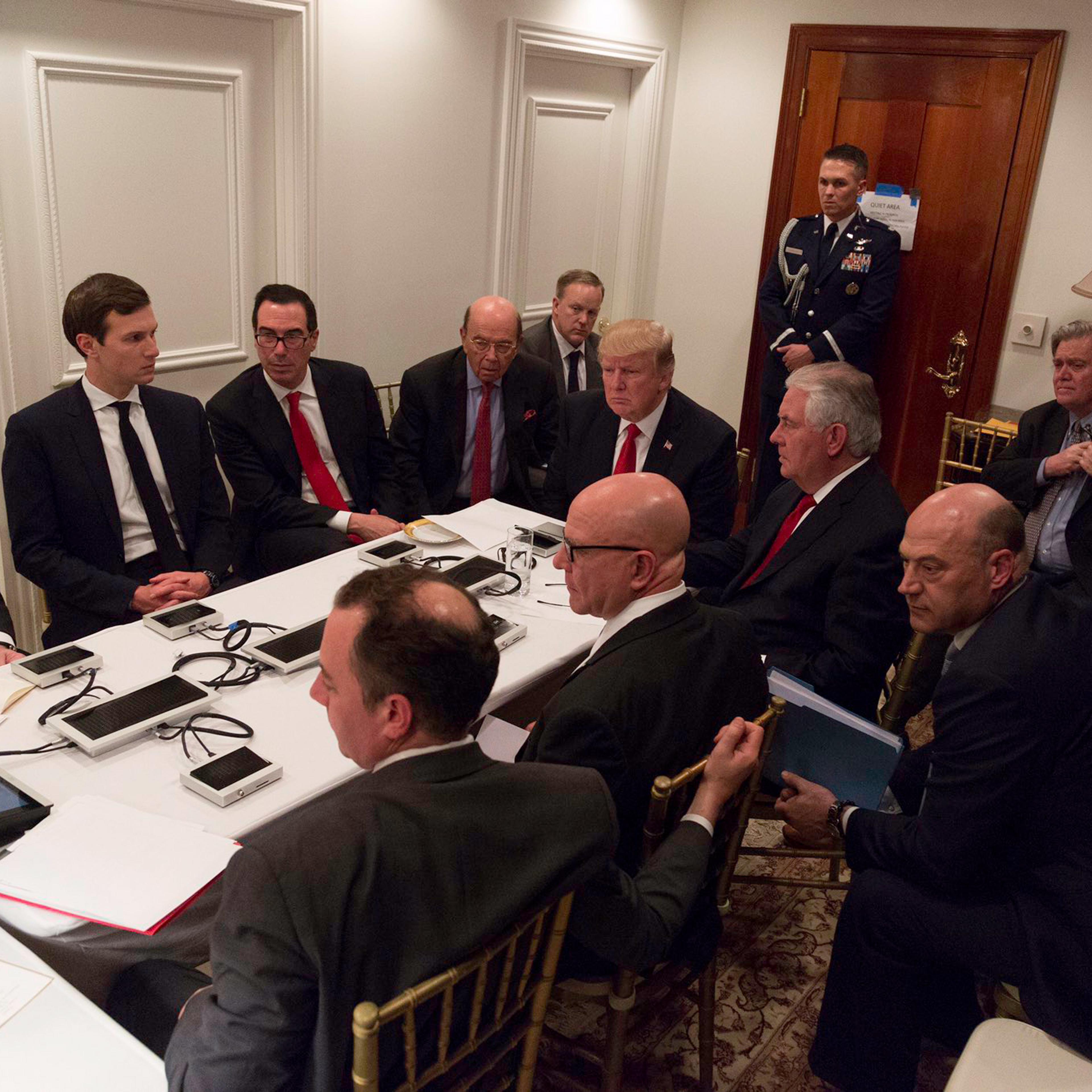 An image released April 7, 2017, by White House Press Secretary Sean Spicer that is said to show a national security briefing at President Trump at Mar-a-Lago after the U.S. launched missiles into Syria on April 6, 2017. Spicer said on Twitter the photo