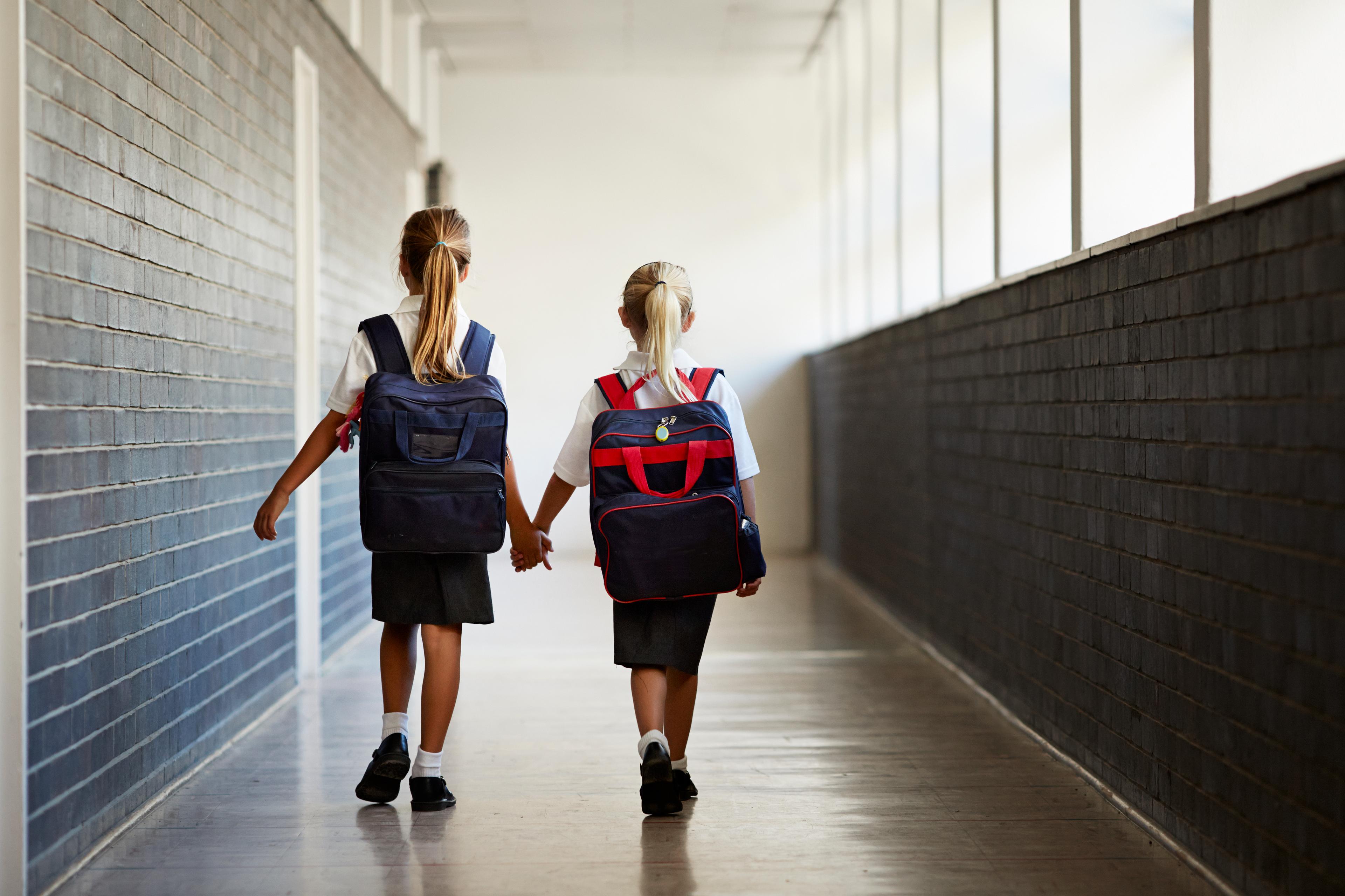 Schoolgirls walking hand in hand at school isle