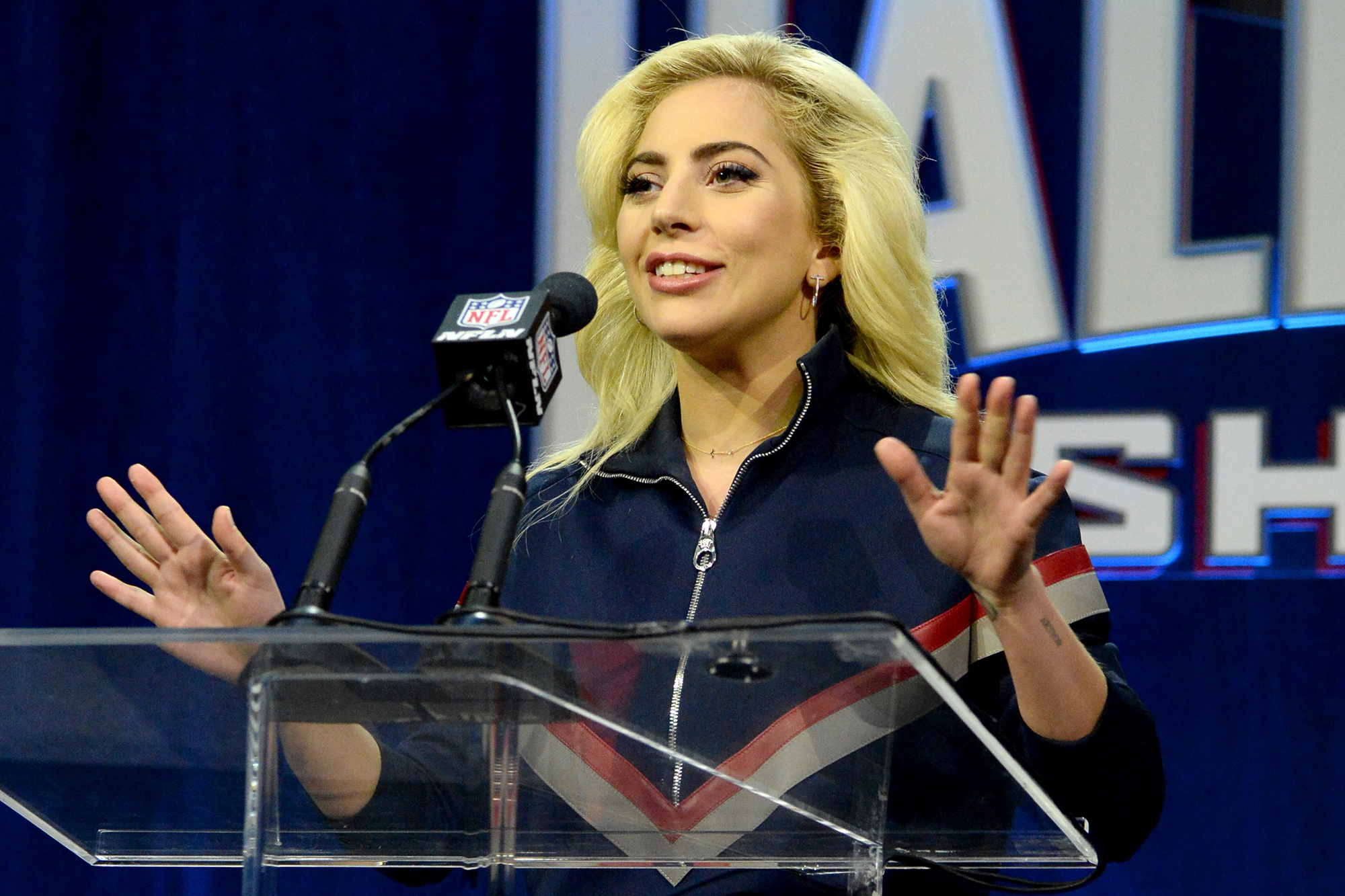 Lady Gaga speaks onstage at the Pepsi Zero Sugar Super Bowl LI Halftime Show Press Conference, on Feb. 2, 2017 in Houston, Texas.