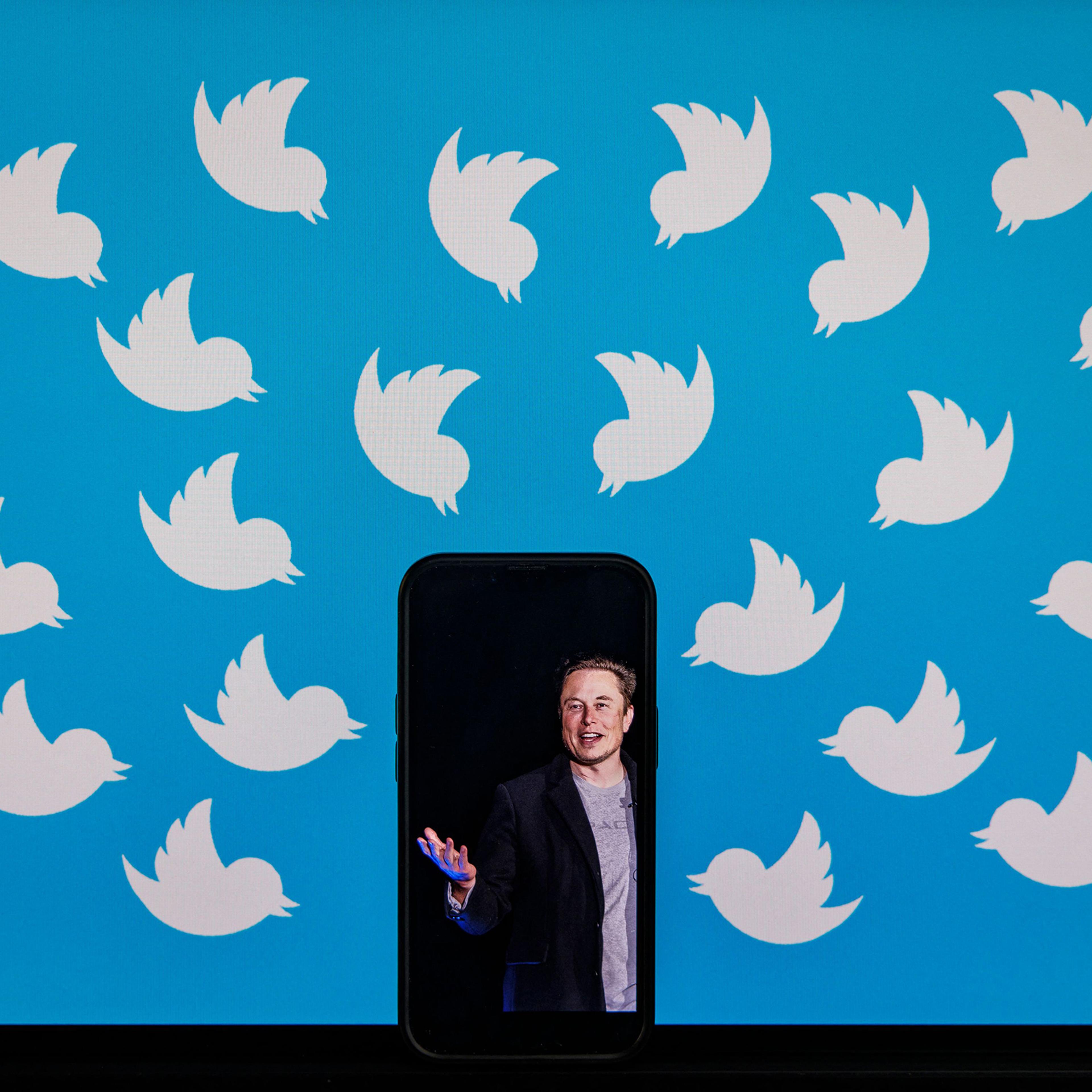 A photograph of a cell phone displaying an image of Elon Musk, placed on a monitor filled with Twitter logos.