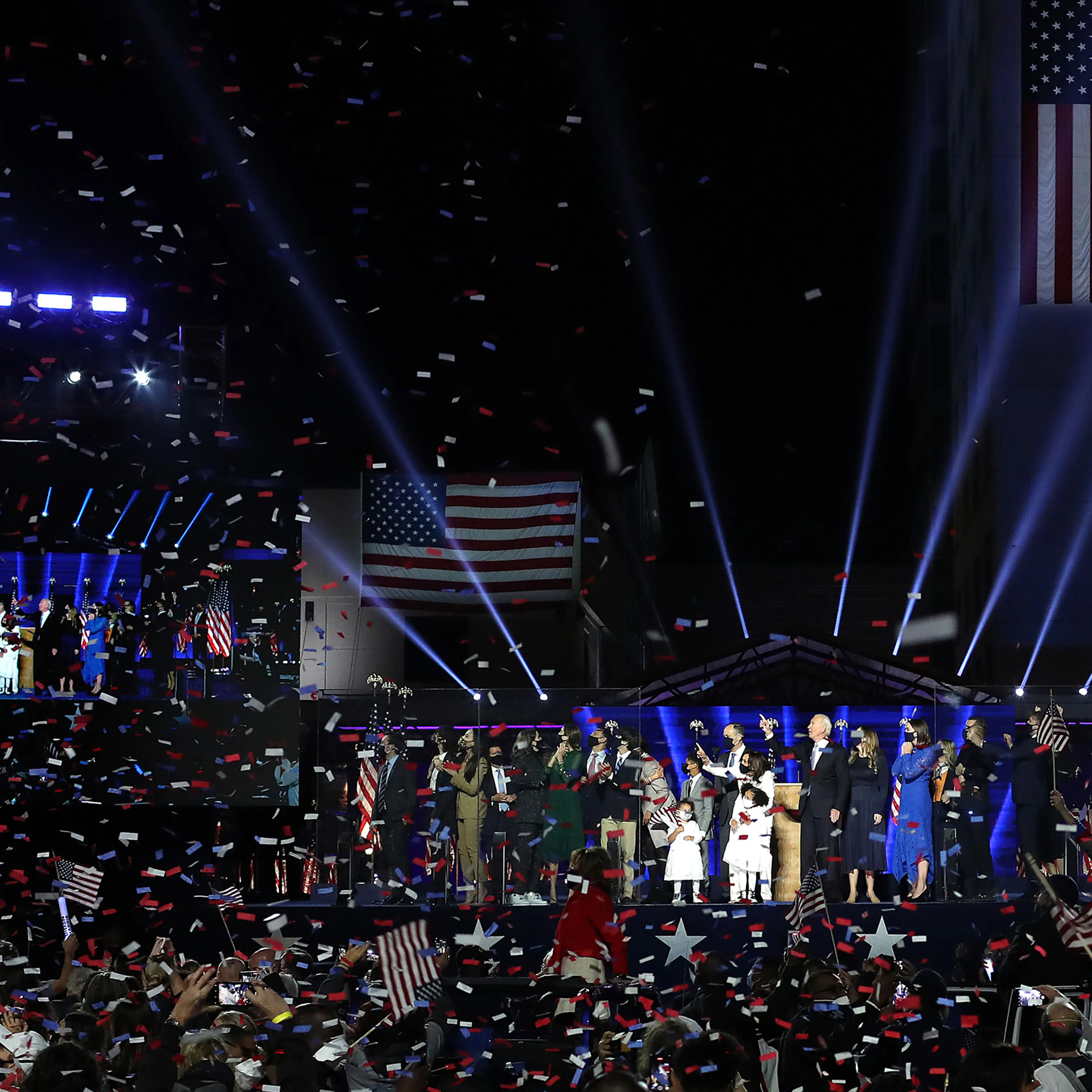 President-elect Biden, Vice President–elect Harris and their families celebrate victory on Nov. 7 in Wilmington, Del.