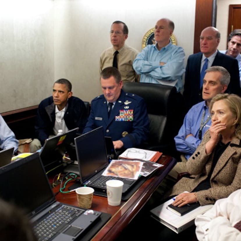 President Barack Obama, Vice President Joe Biden, Secretary of State Hillary Clinton and members of the national security team receive an update on the mission against Osama bin Laden in the Situation Room of the White House May 1, 2011 in Washington, DC