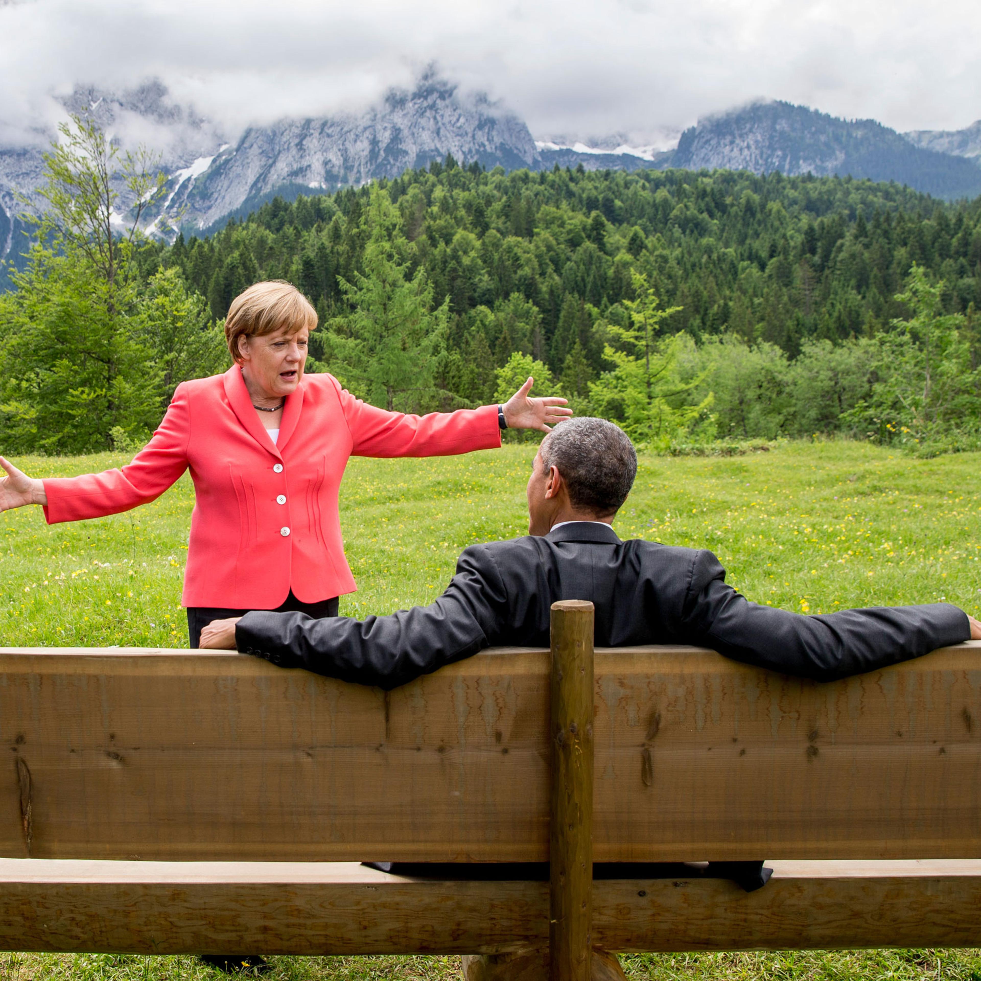 German Chancellor Angela Merkel speaks with U.S. President Barack Obama outside the Elmau castle in Kruen near Garmisch-Partenkirchen, Germany on June 8, 2015 during the G7 summit.