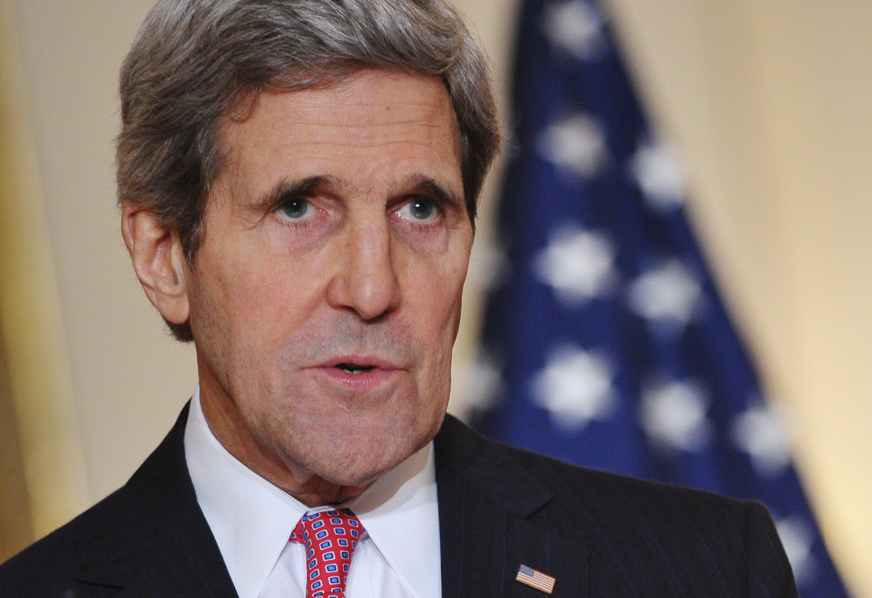 Secretary of State John Kerry speaks during a joint press conference with German Foreign Minister Frank-Walter Steinmeier in the Benjamin Franklin Room of the State Department on February 27, 2014 in Washington.