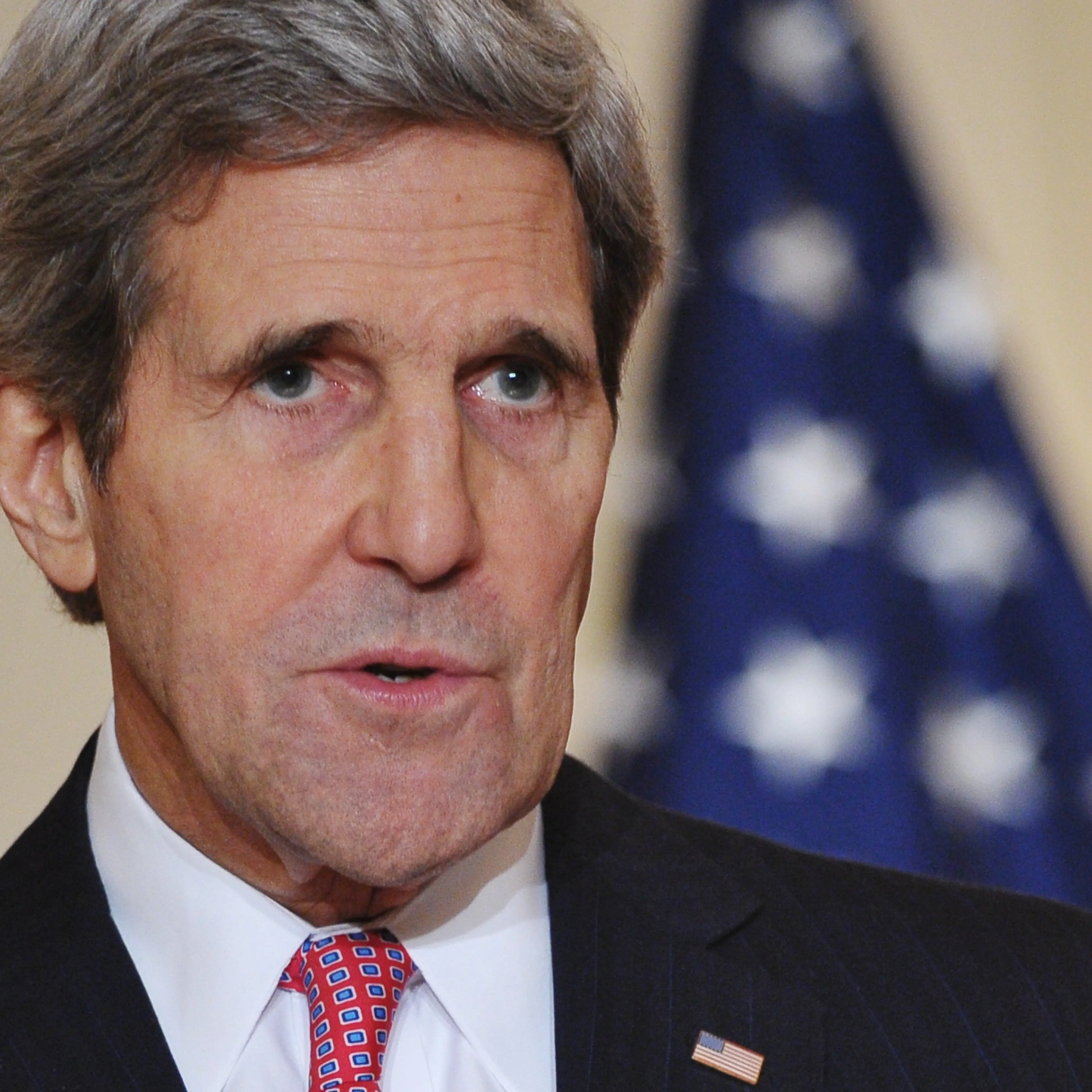Secretary of State John Kerry speaks during a joint press conference with German Foreign Minister Frank-Walter Steinmeier in the Benjamin Franklin Room of the State Department on February 27, 2014 in Washington.
