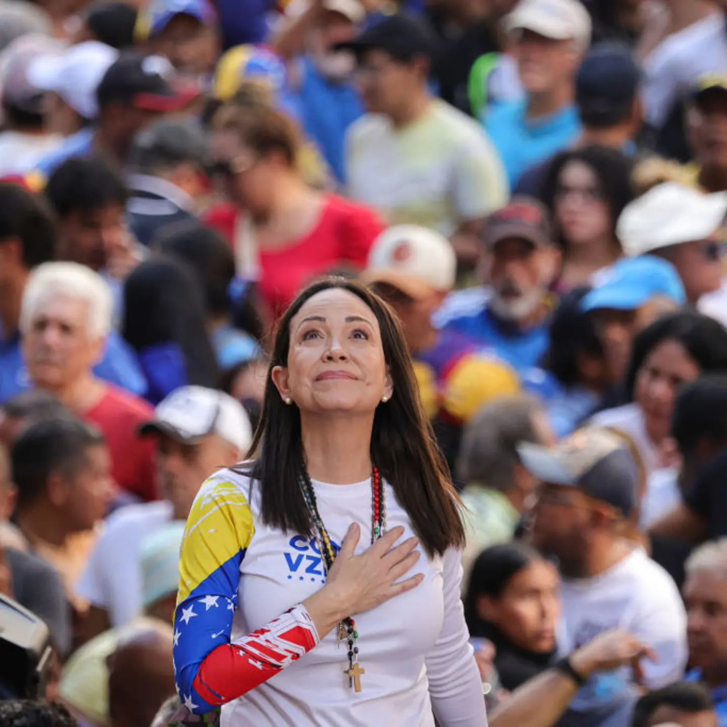 Opposition leader María Corina Machado gestures during an anti-government protest on Jan. 9, 2025 in Caracas, Venezuela.