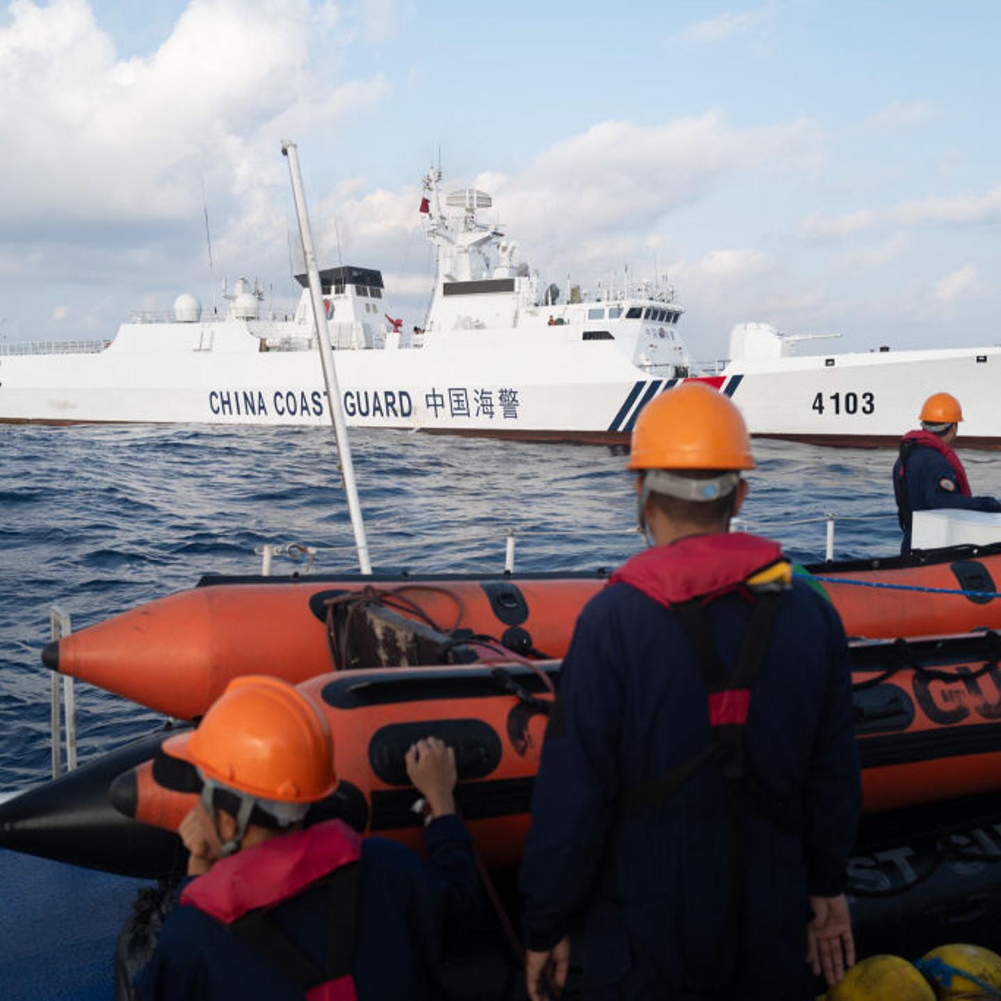 Chinese Coast Guard vessels execute a dangerous maneuver against the civilian supply boat Unaizah during a regular resupply mission at the contested Second Thomas Shoal (Ayungin Shoal) in the South China Sea, China on March 23, 2024.