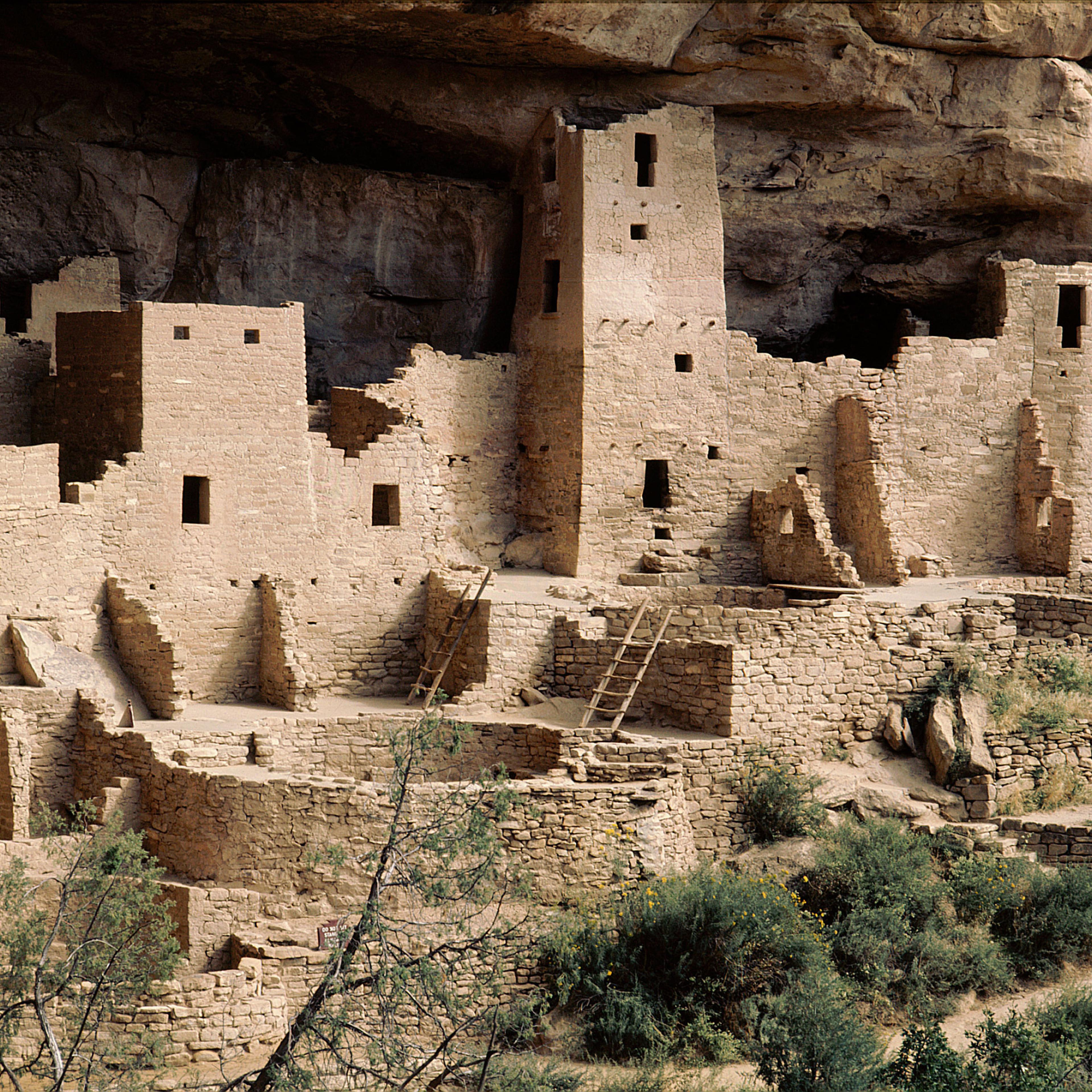 Part of the Cliff Palace at Mesa Verde showing dwellings and kivas, The kivas may be distinguished by their circular shape. USA. Basketmaker and Pueblo. 12th c AD. Colorado.