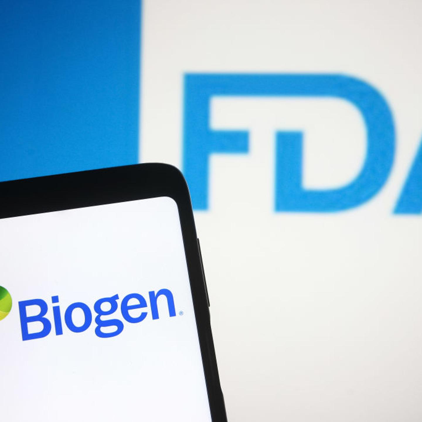 In this photo illustration the Biogen logo of a