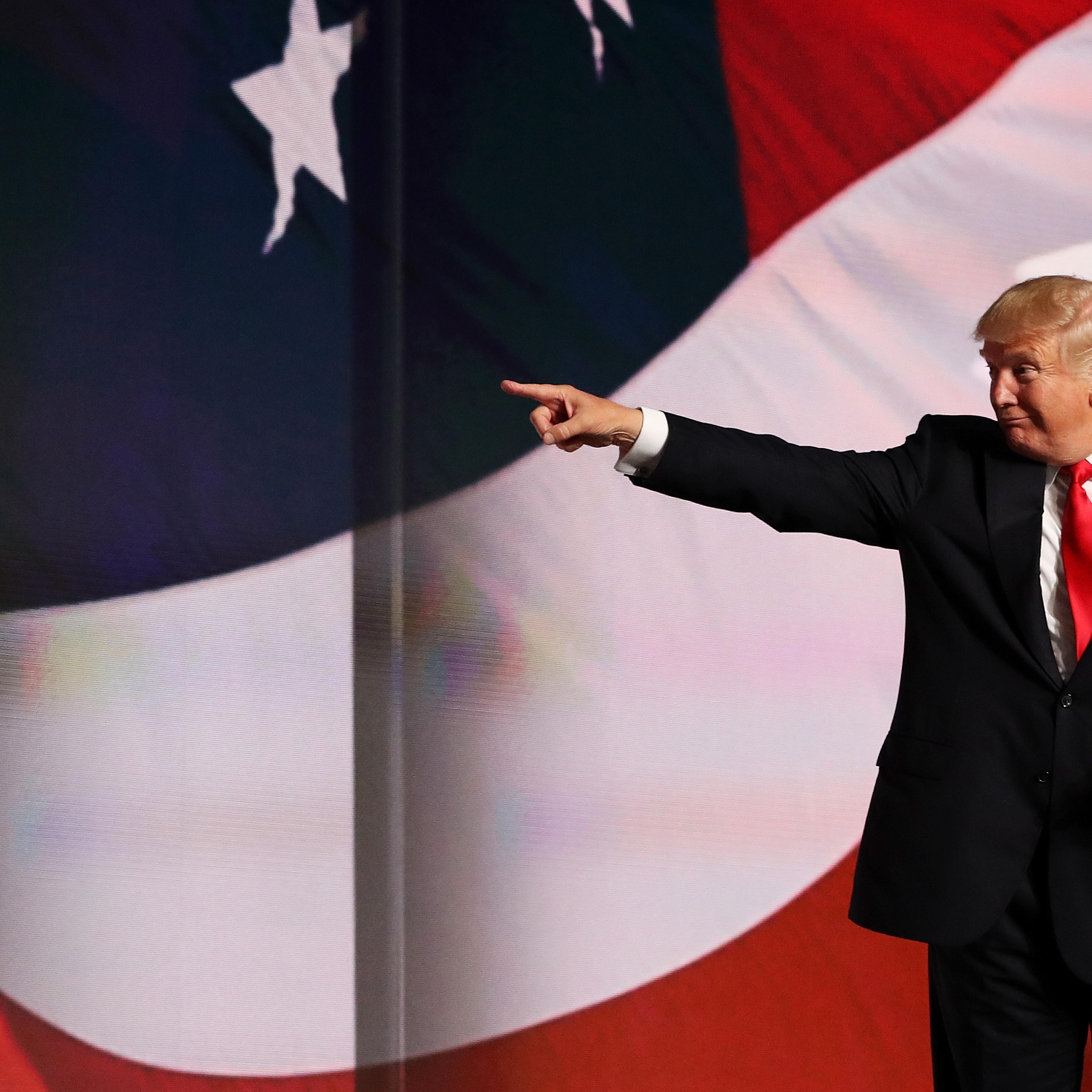 Republican presidential candidate Donald Trump acknowledges the crowd at the end of the Republican National Convention at the Quicken Loans Arena in Cleveland on July 21, 2016.