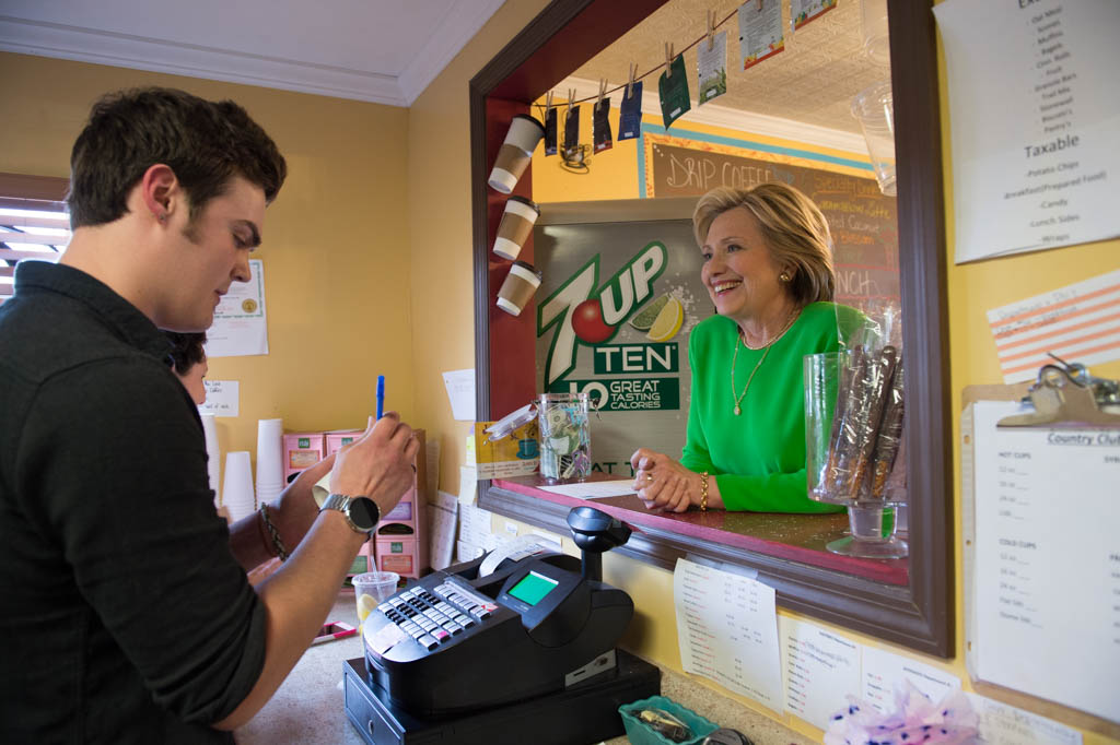 Hillary Clinton visits  Jones Street Java House in Le Claire, Iowa. April 14, 2015.
