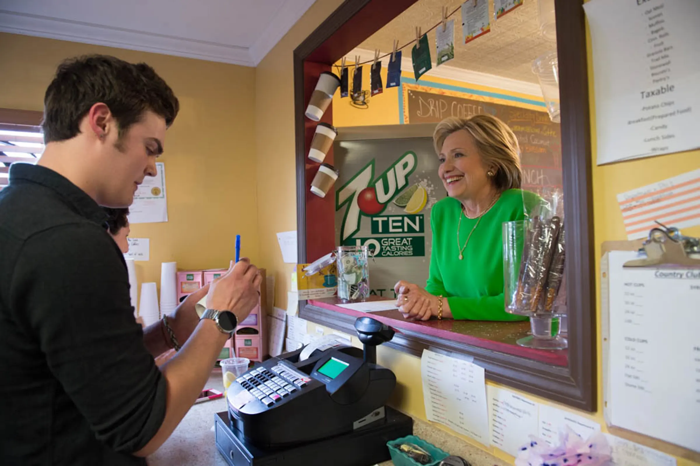 Hillary Clinton visits Jones Street Java House in Le Claire, Iowa. April 14, 2015.